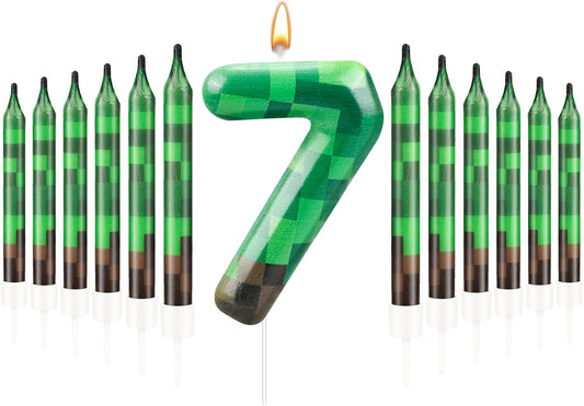 13 Pcs Dynamite Themed Birthday Cake Candles & Number 7 Candle Topper for Pixel Theme Birthday Party