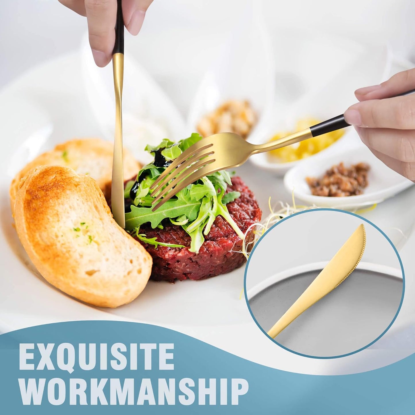 Matte Black Gold Silverware Set for 6,Modern Stainless Steel Brushed Cutlery Set,30-Pieces Heavy Duty Flatware Set,Knives Spoons and Forks Set Utensils Set, Satin Finish, Dishwasher Safe