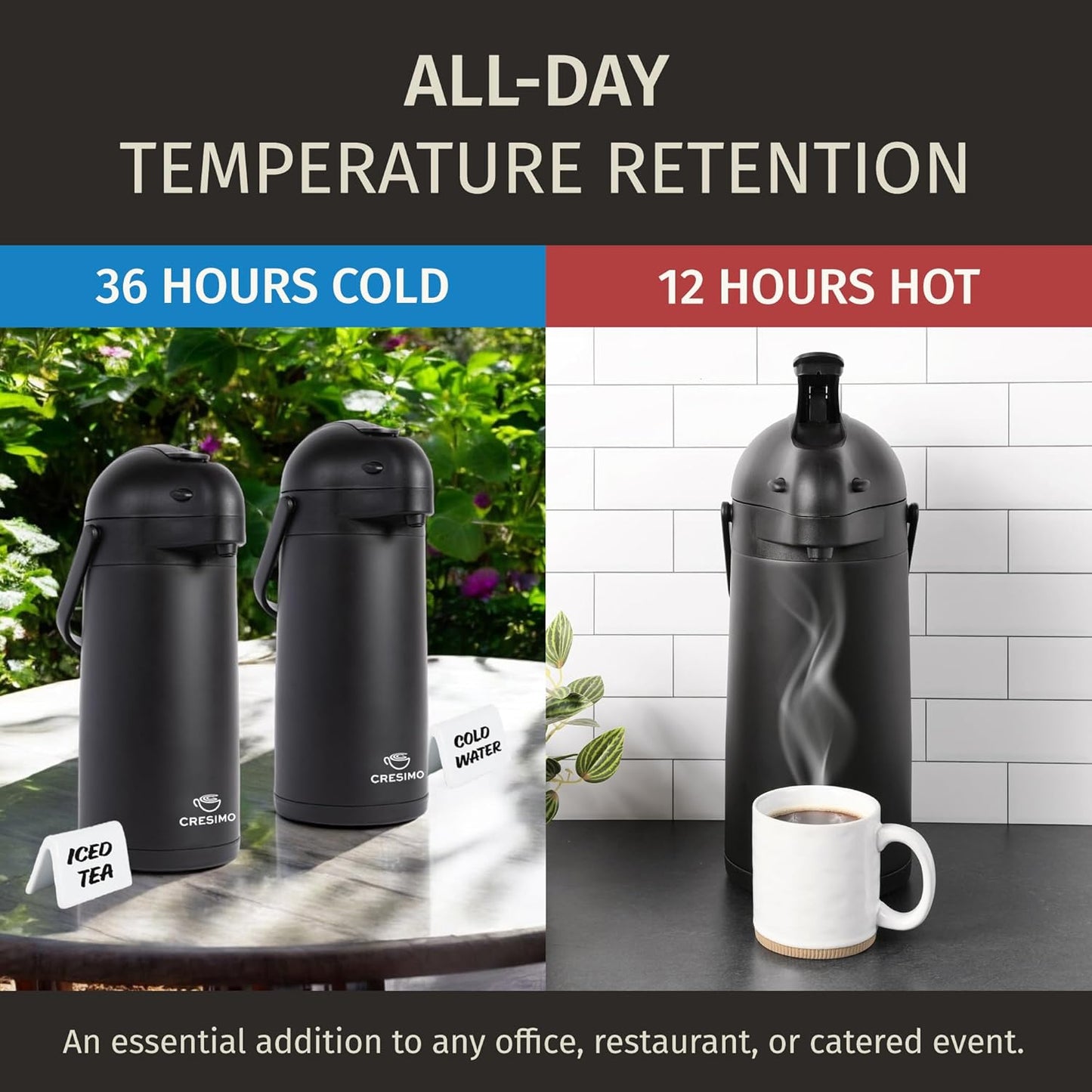 Airpot Coffee Dispenser With Pump, Black - 12 Hours Hot Water Dispenser with Pump, 36 Hours Cold - Coffee Thermal Carafe for Hot Drinks, Tea Flask for Beverages -Large Carafe w/ One-Handed Dispensing