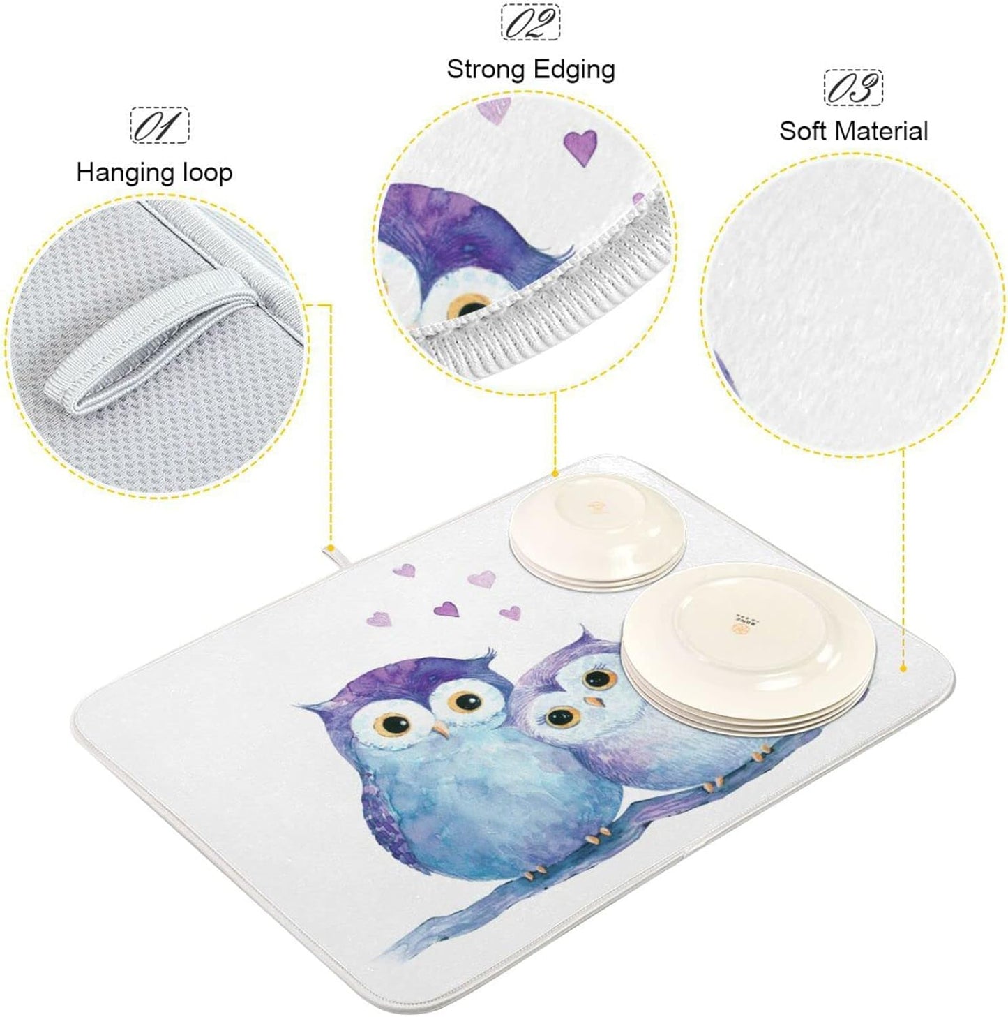 Cute Owl Dish Drying Mat for Kitchen Counter Absorbent Microfiber Drying Pad, Large 18x24 in, Reversible Drainer Mats