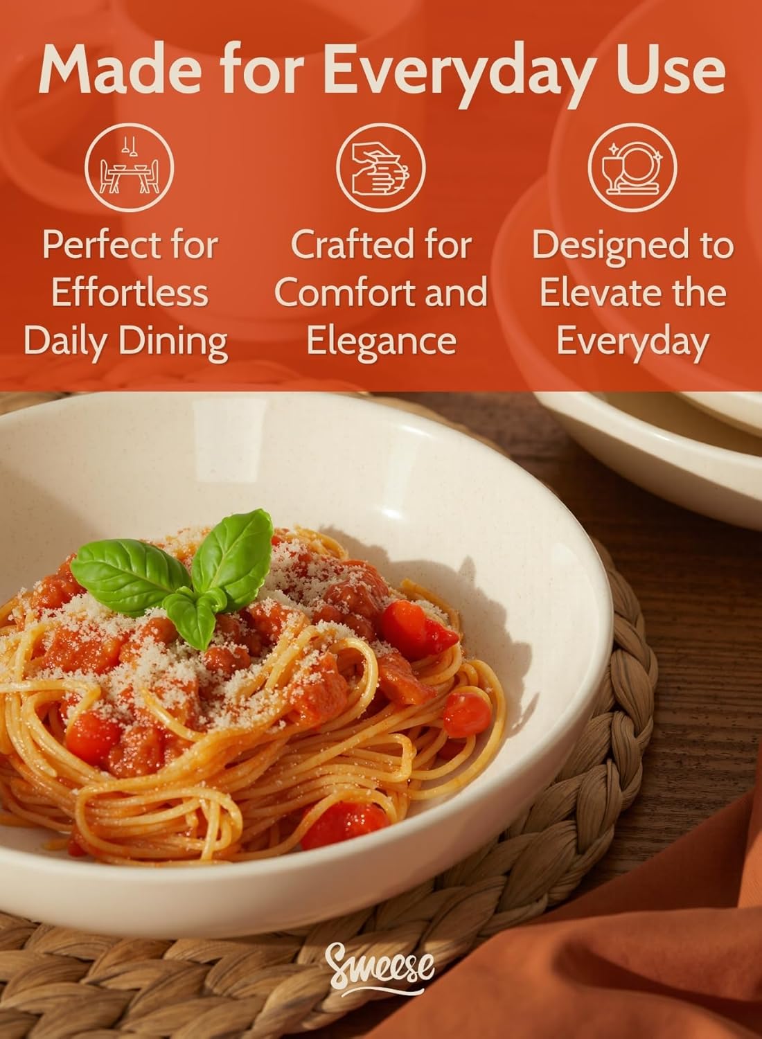 Sweese 22oz Porcelain Salad Serving Bowls Set, Microwave Dishwasher Safe, 7.6 Inch, Beige, 6-Pack