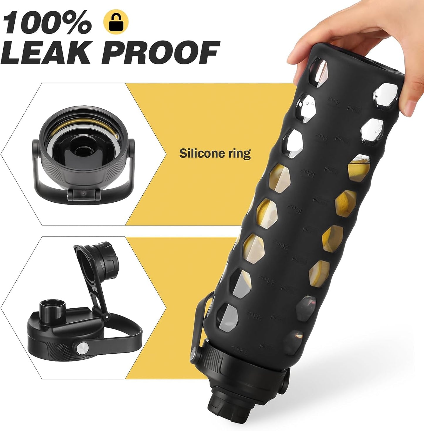 MUKOKO Glass Water Bottles, 32oz Glass Tumbler with Straw, Drinking Bottles with 2 Lids-Handle Spout Lid&Bamboo Straw Lid, Motivational Water Bottle with Time Marker and Silicone Sleeve, 1 Pack-Black