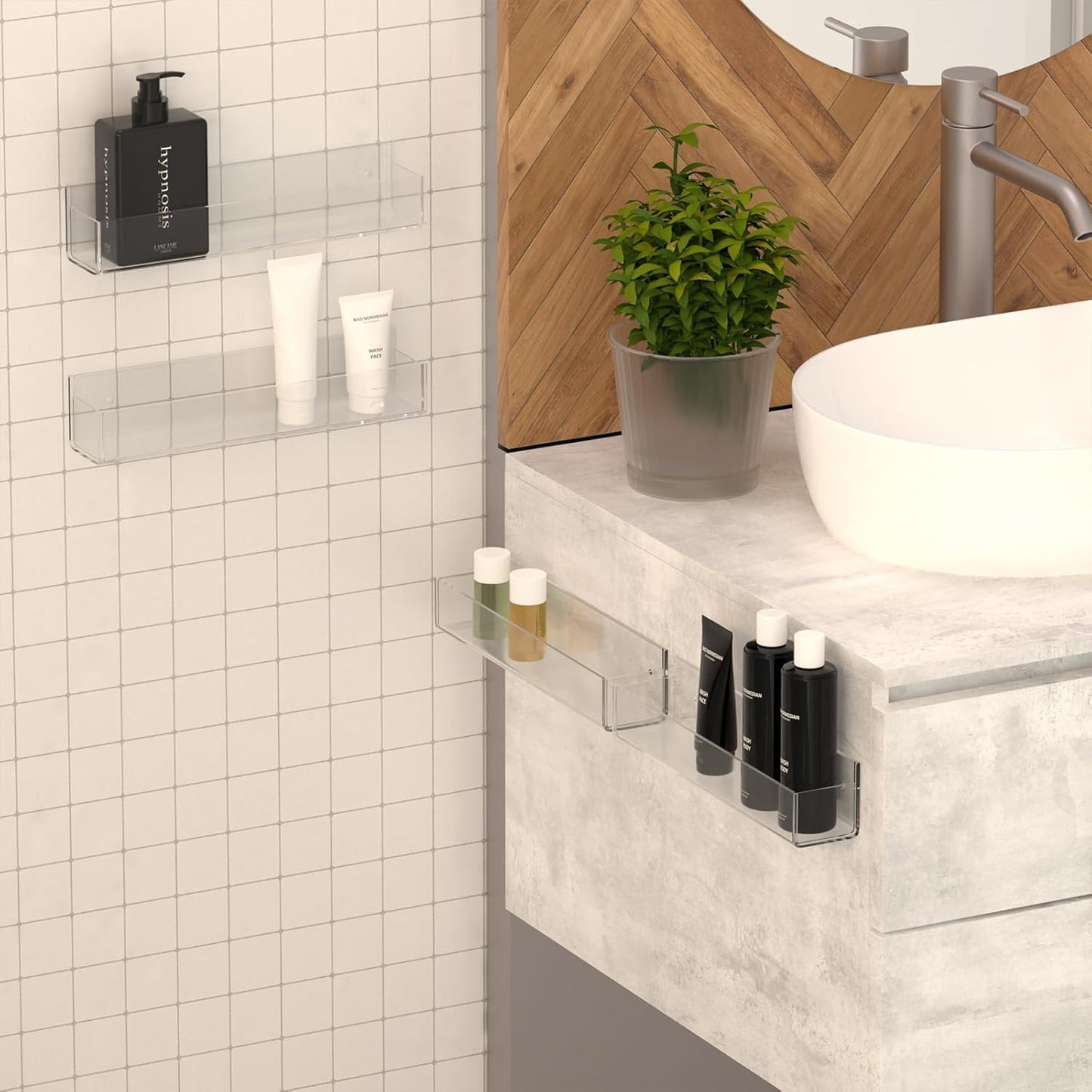 WUIVIUT Invisible Acrylic Wall Spice Rack Adhesive wall mounted rack organizer 11.8 inch spice shelf holder Drilling or self-adhesive organizer rack （Clear-4 Pack）