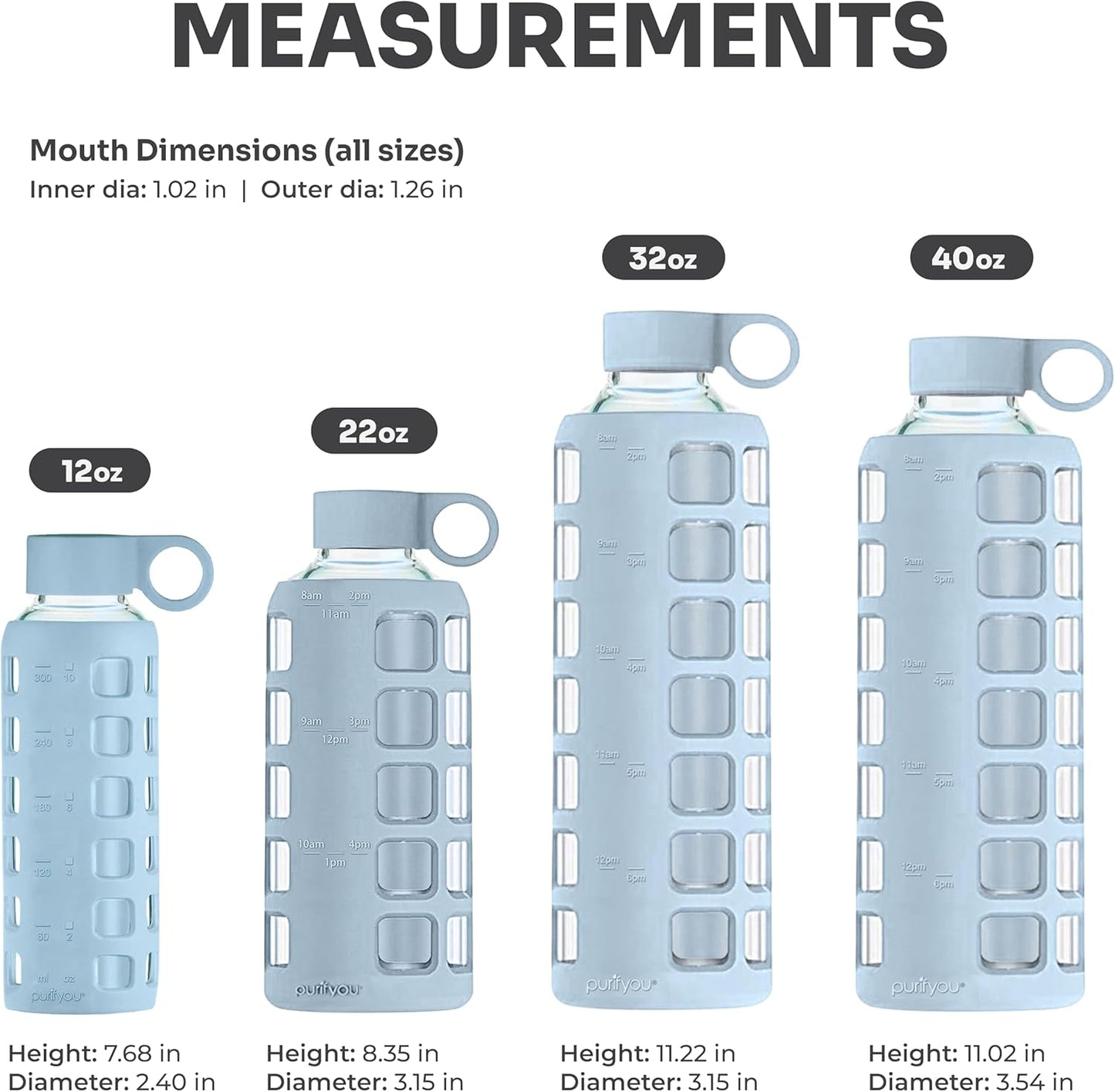 purifyou 40oz / 32oz / 22oz / 12oz Borosilicate Glass Water Bottle with Time & Volume Markers, Silicone Sleeve, Stainless Steel Lid – Reusable Glass Bottle for Water & Juice (40oz Ice Blue)