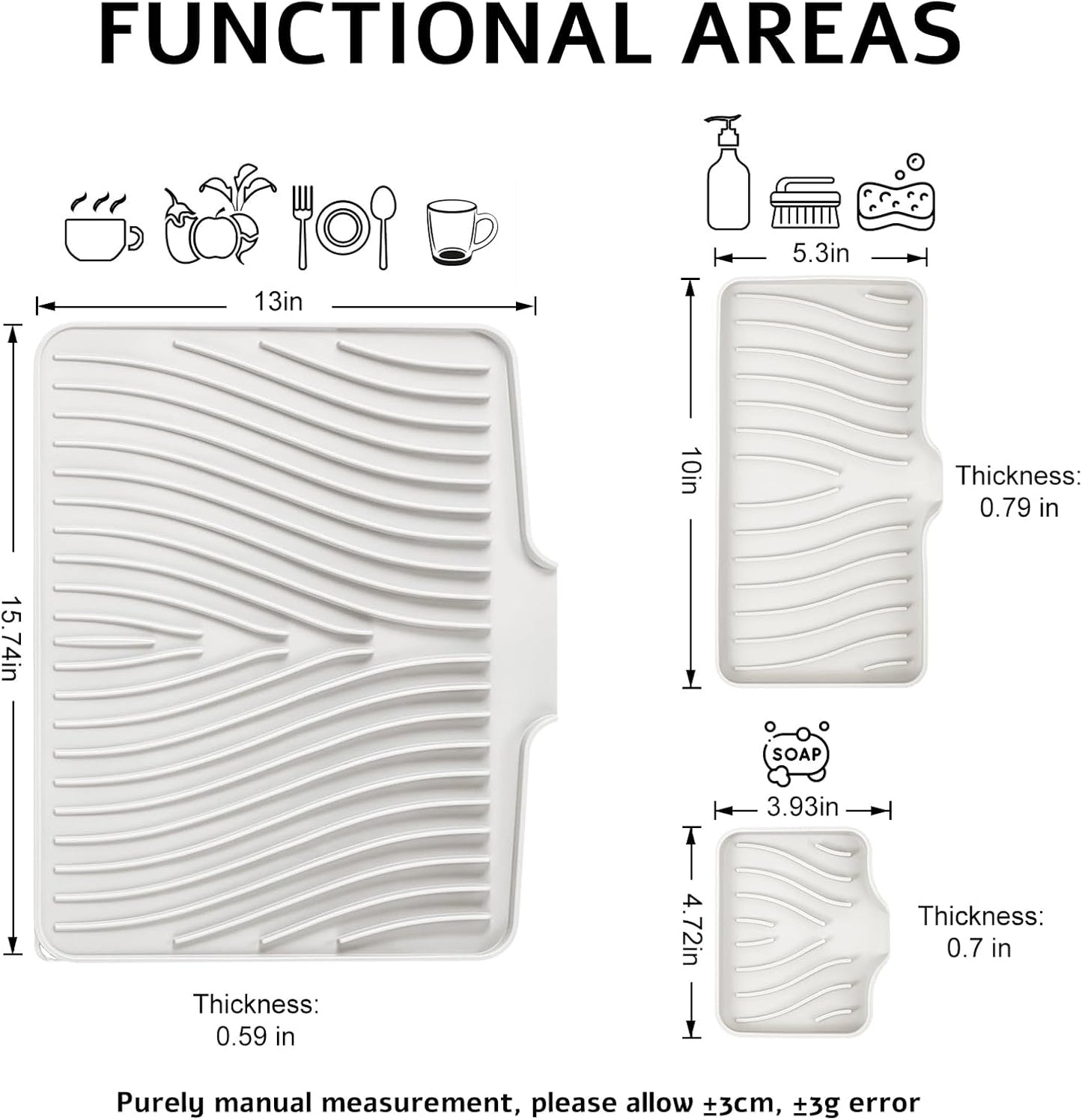 Silicone Dish Drying Mat for Kitchen Counter, Dish Drying Pad, Non-Slip Drain Pad with Built-in Drain, Heat Resistant Stone Drying Mat, 3 pcs (Cream)