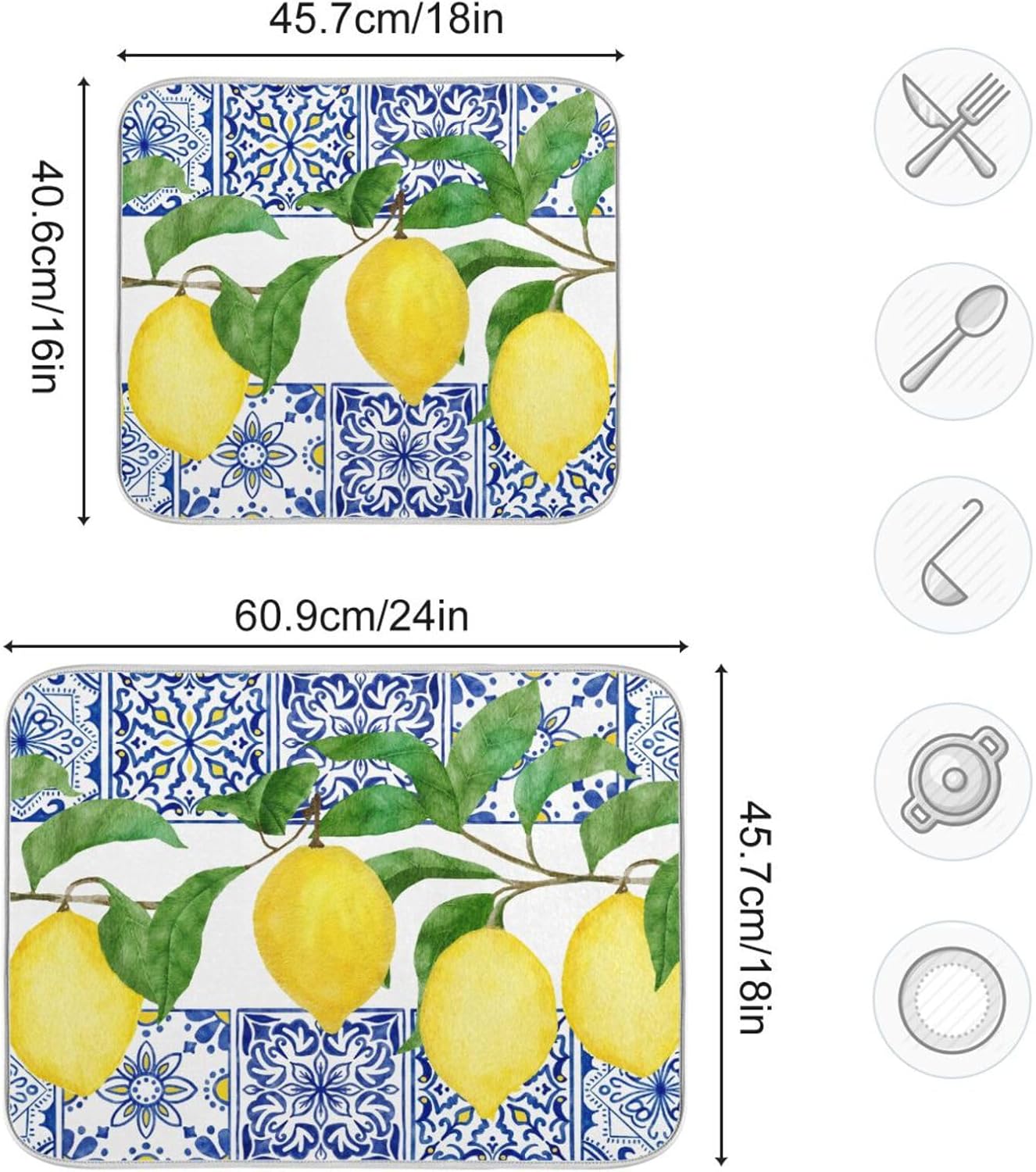 Lemon Blue Tiles Dish Drying Mat for Kitchen Counter Absorbent Microfiber Drying Pad, Large 18x24 in, Reversible Drainer Mats