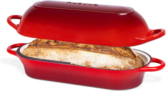 Enamelled Cast Iron Bread Loaf Pot – Dutch Oven For Sourdough Bread Baking – Oven Safe Non Stick Bread Pot – Rectangular, Red, 34cm x 16cm – by Nuovva