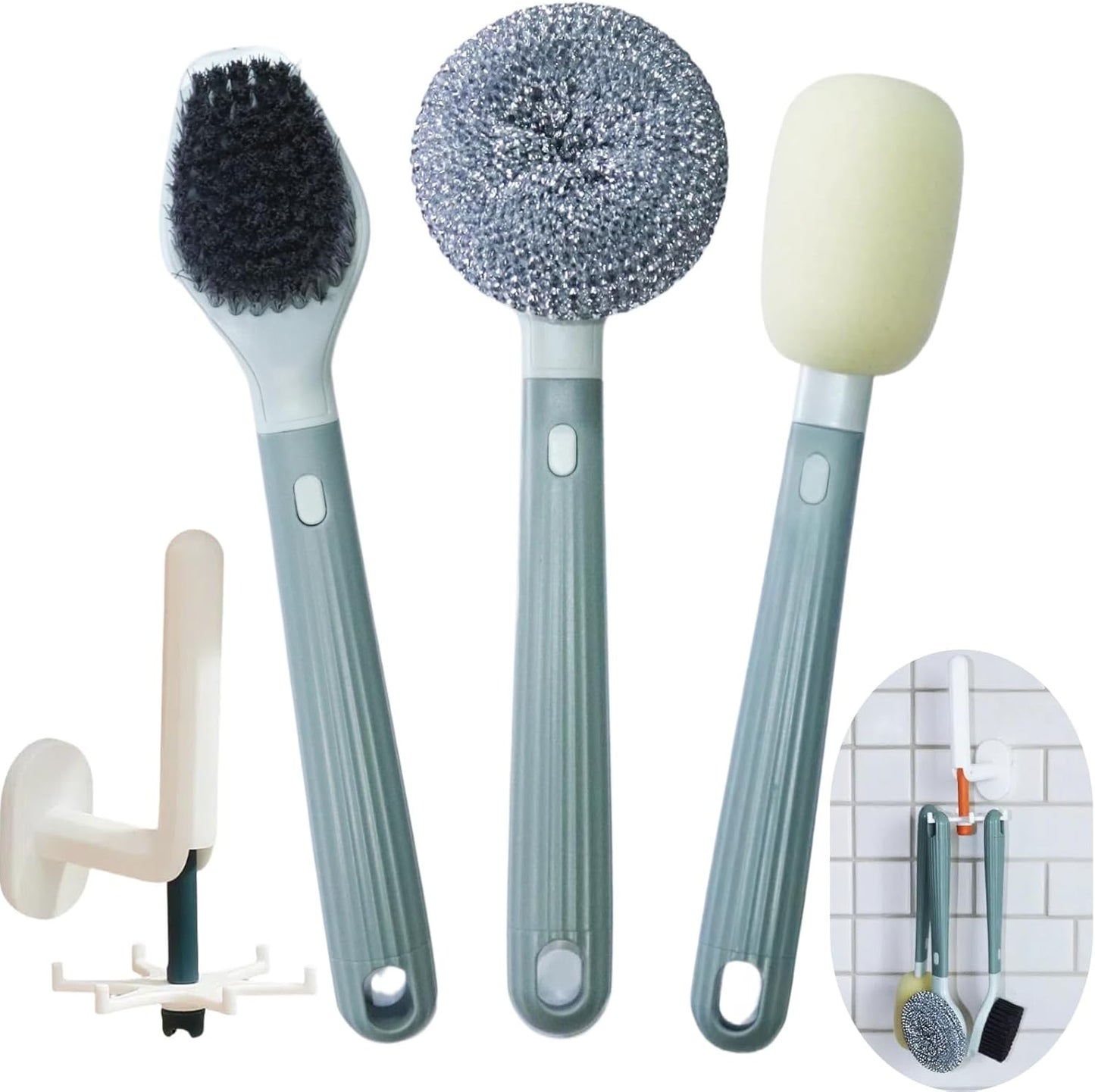 Dish Brush Set of 4 with Holder.Interchangeable Heads Kitchen Scrub Brush,Dishwashing Brush Set with Extended Handle,for Cleaning Pots,Pans,Bottles,Cups,Sinks,scrubbers for Dishes.Green
