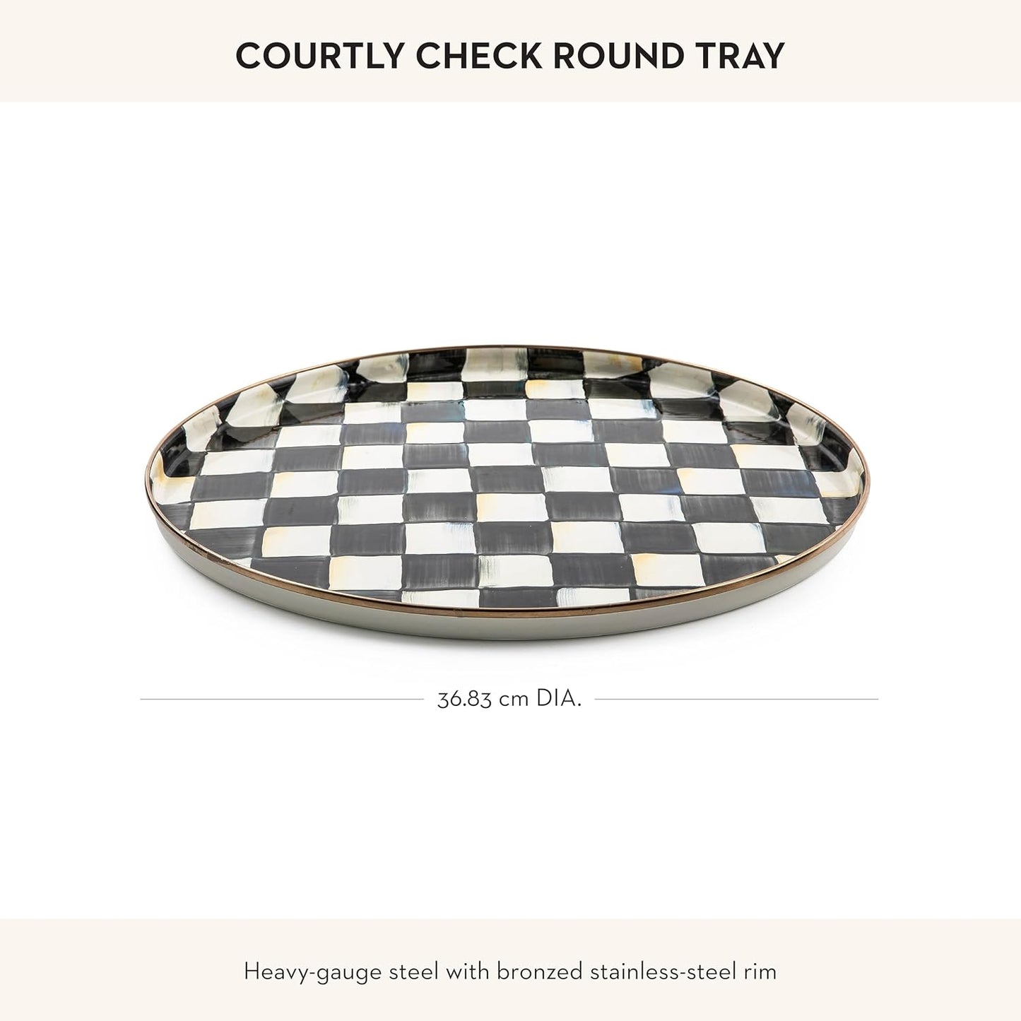 MACKENZIE-CHILDS Enamel Round Tray, Unique Serving Platter for Food and Drinks, Black-and-White Courtly Check