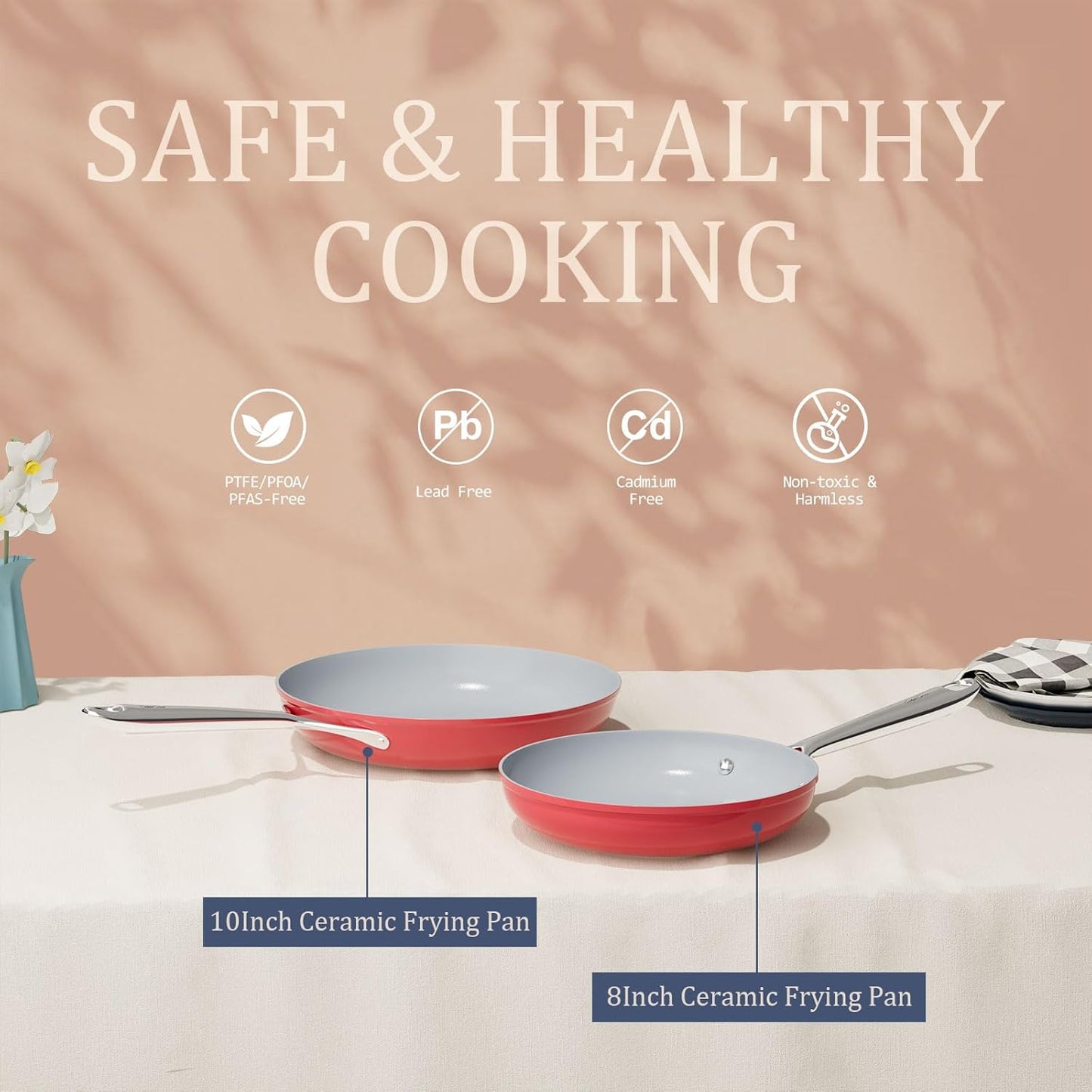 Nonstick Ceramic Frying Pan 10 Inch for Induction Cooktop - Non Toxic, PTFE/PFOA/PFAS Free, Oven & Dishwasher Safe up to 500°F - Non Stick Small Skillet with Stay-Cool Handle - Fusion Red