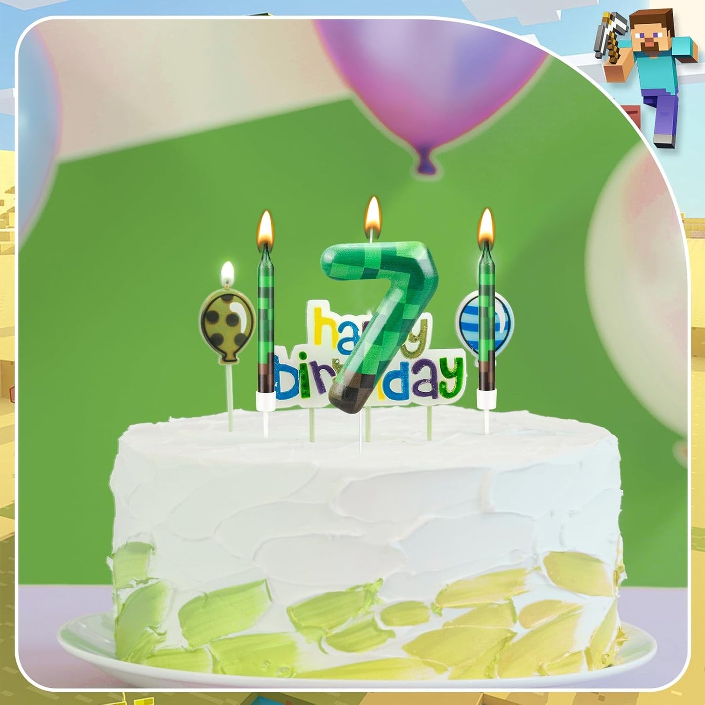 13 Pcs Dynamite Themed Birthday Cake Candles & Number 7 Candle Topper for Pixel Theme Birthday Party