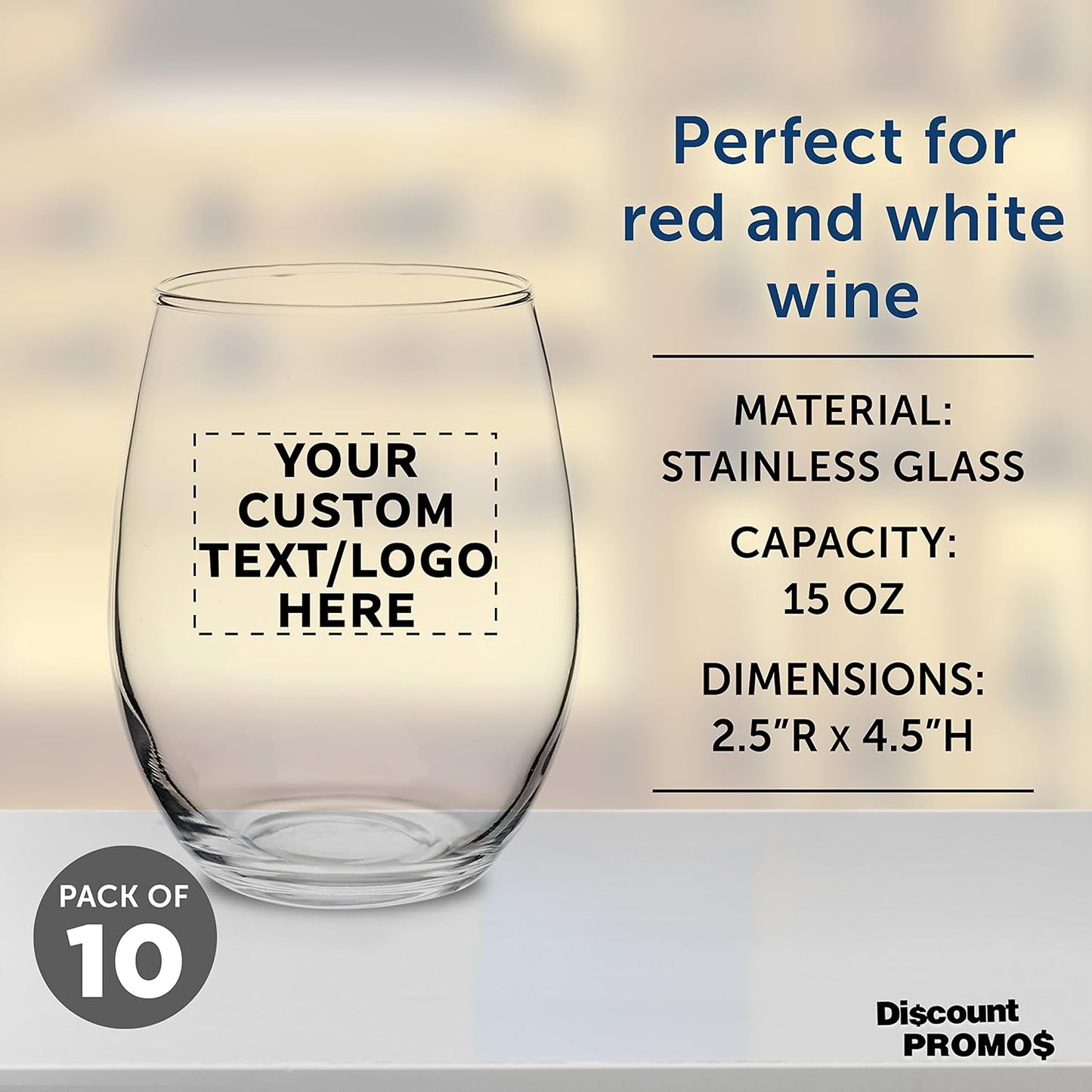 Custom Stemless Wine Glasses by ARC Perfection 15 oz. Set of 10, Personalized Bulk Pack - Restaurant Glassware, Perfect for Red Wine, White Wine, Cocktails - Clear