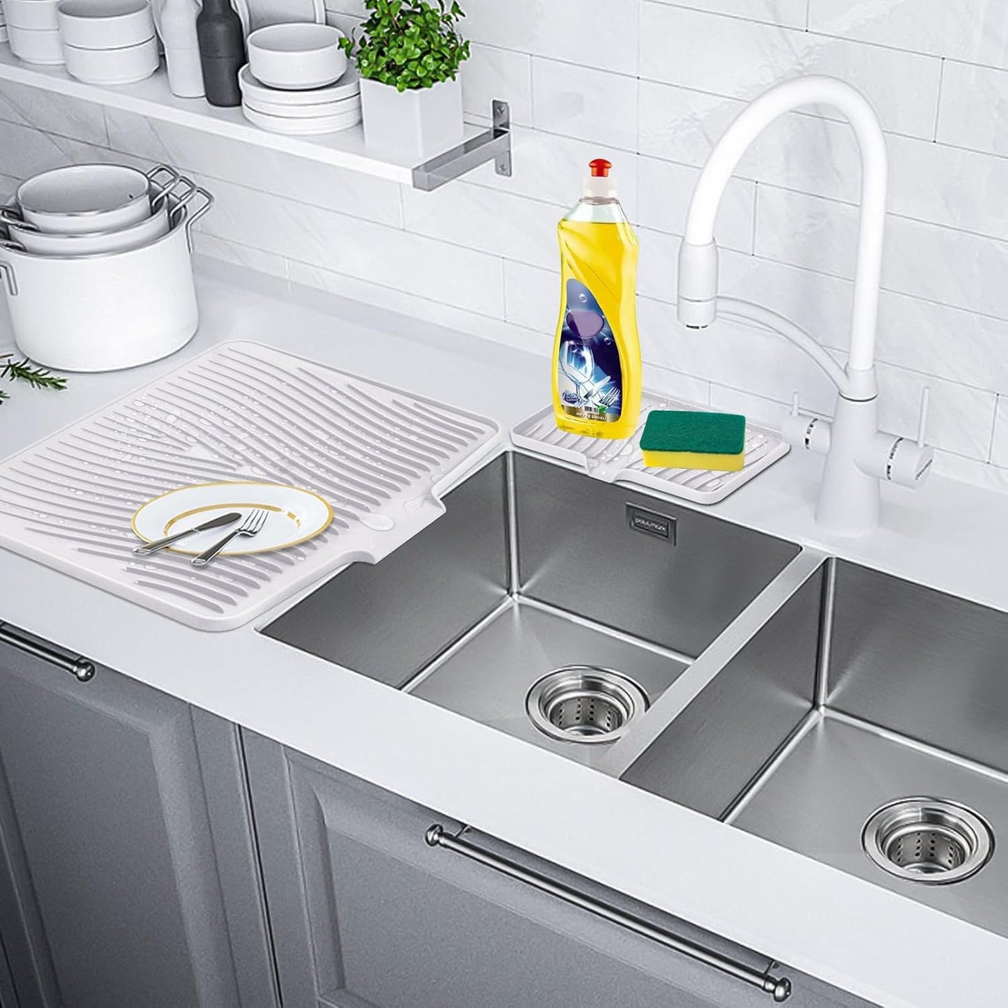 Silicone Dish Drying Mat for Kitchen Counter, Dish Drying Pad, Non-Slip Drain Pad with Built-in Drain, Heat Resistant Stone Drying Mat,Large 1 set XL(Ivory)