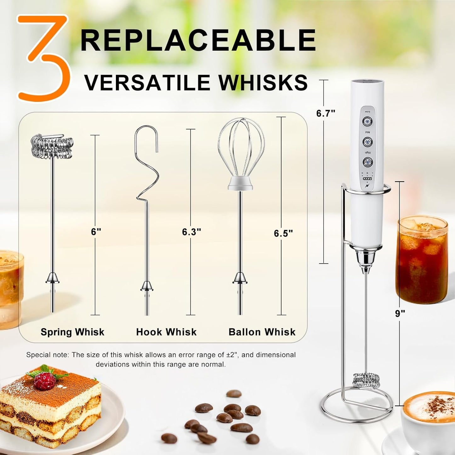 YUSWKO White Handheld Milk Frother Wand with Stand for Coffee, Rechargeable Electric Whisk with 3 Heads 3 Speeds Drink Mixer Coffee Frother For Latte, Cappuccino, Hot Chocolate, Egg
