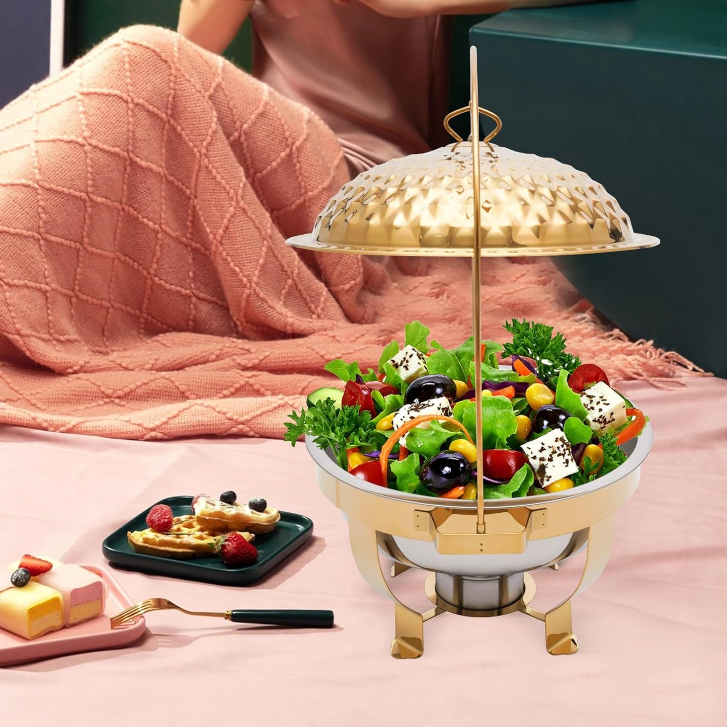 Chafing Dish Buffet Set Silver Accent, 4.5L Round Stainless Steel Chafer, Upgraded Buffet Servers and Warmers Set Warming Tray for Wedding, Parties, Banquet and Events (Gold)