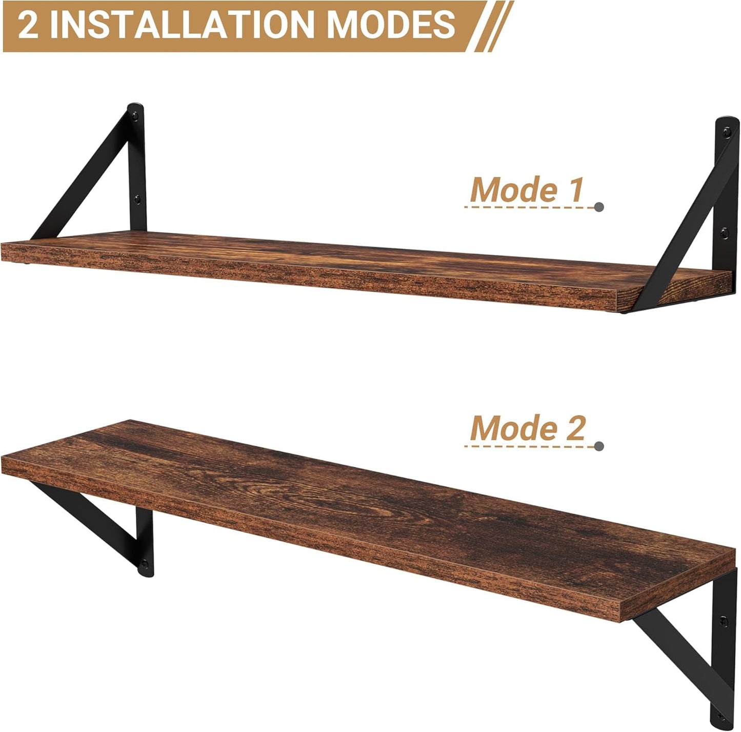 Heimlove Floating Shelves for Wall, 24 Inch Long Wood Floating Shelves Set of 3, Wall Mounted Hanging Shelf for Bathroom Bedroom Kitchen, Rustic Brown