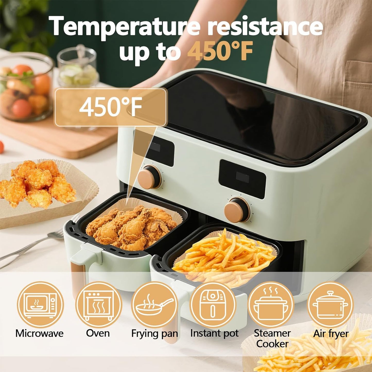 150 Pack 8.6x5.5" Air Fryer Liners, Parchment Paper Sheets For Ninja DZ201/DZ401 Dual Basket, Non-Stick, Disposable, Unbleached, Heat Resistant, Fits 3-6 QT Air Fryers, Oil-Free & Healthy Cooking.