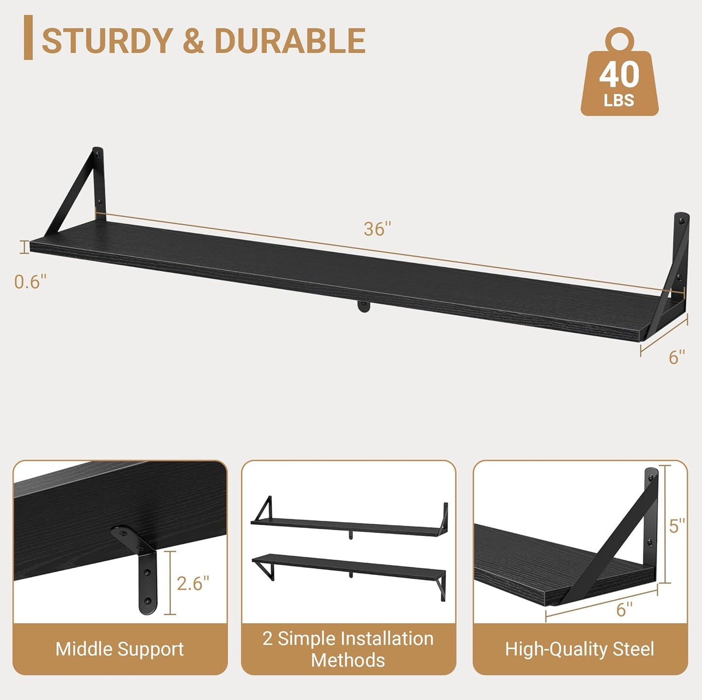 Heimlove Floating Shelves for Wall, 36 Inch Long Wood Floating Bookshelf Set of 3, Wall Mounted Hanging Shelf for Bathroom Bedroom Kitchen, Black