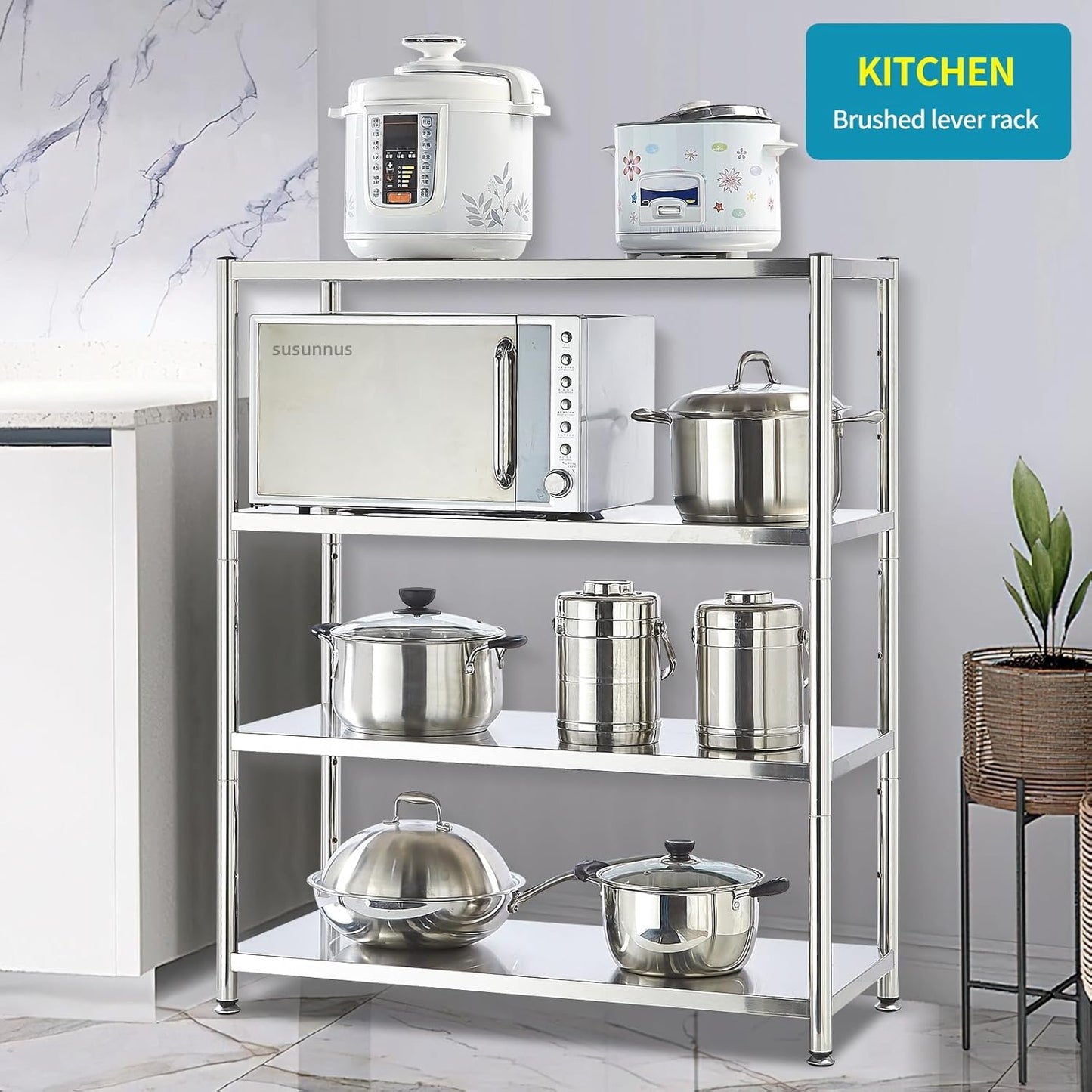 susunnus 4-Tier Stainless Steel Shelf, Heavy Duty Shelving for Kitchen, Garage, Industrial Storage, Kitchen Shelves Adjustable Feet, Easy to Clean(35.8in*15,8in Without Guardrails)