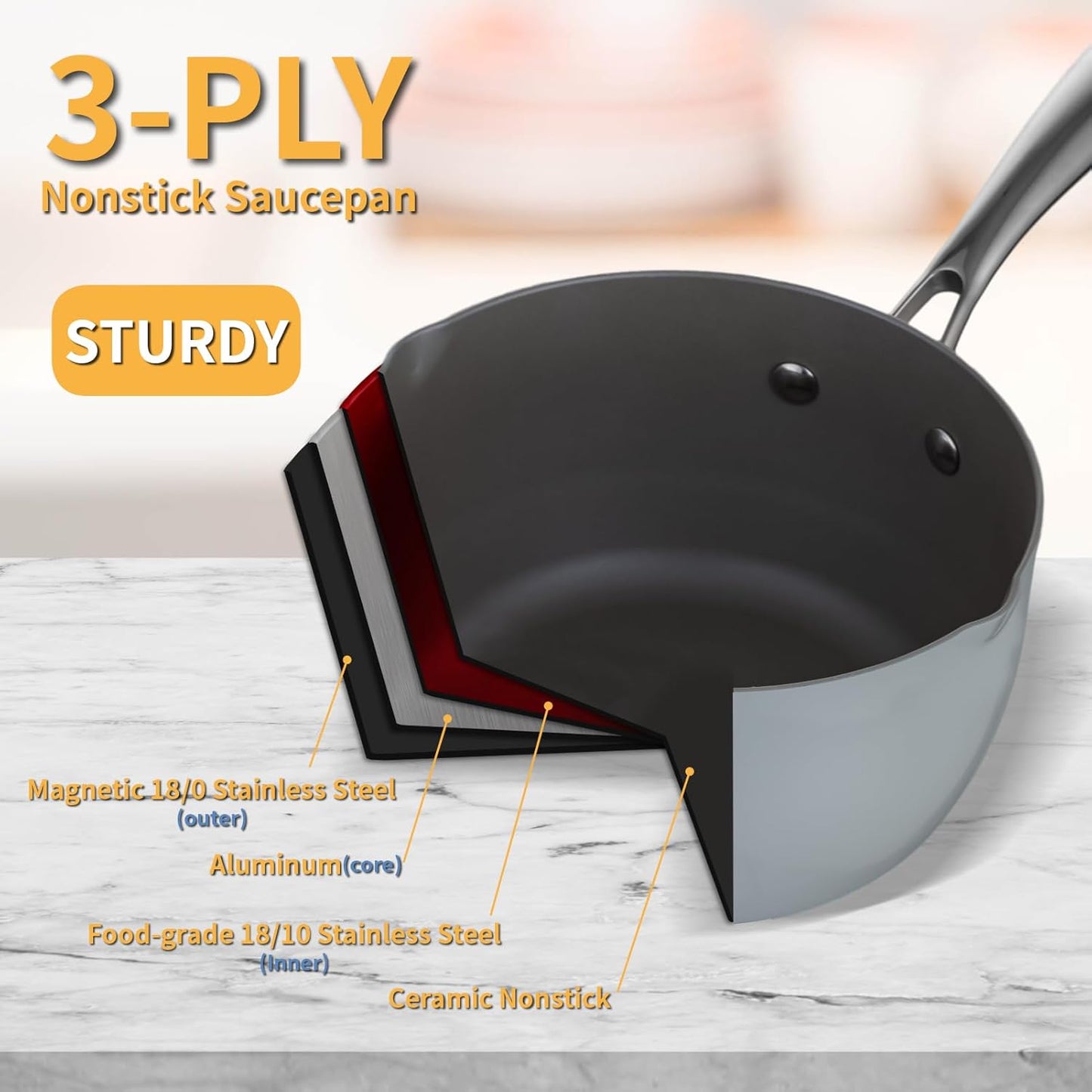 Ceramic Nonstick Tri-Ply Stainless Steel Sauce Pan with Steamer,2.5 Quart Small Multipurpose Pot with Pour Spout,Strainer Glass Lid, 2qt Saucepan for Cooking with Stay-cool Handle,Grey