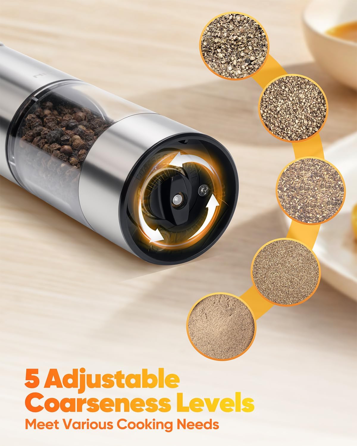 Electric Salt and Pepper Grinder Set Rechargeable, Automatic Salt and Pepper Grinder Set for Kitchen, USB Charging Base & LED Light, Adjustable Coarseness, Stainless Steel