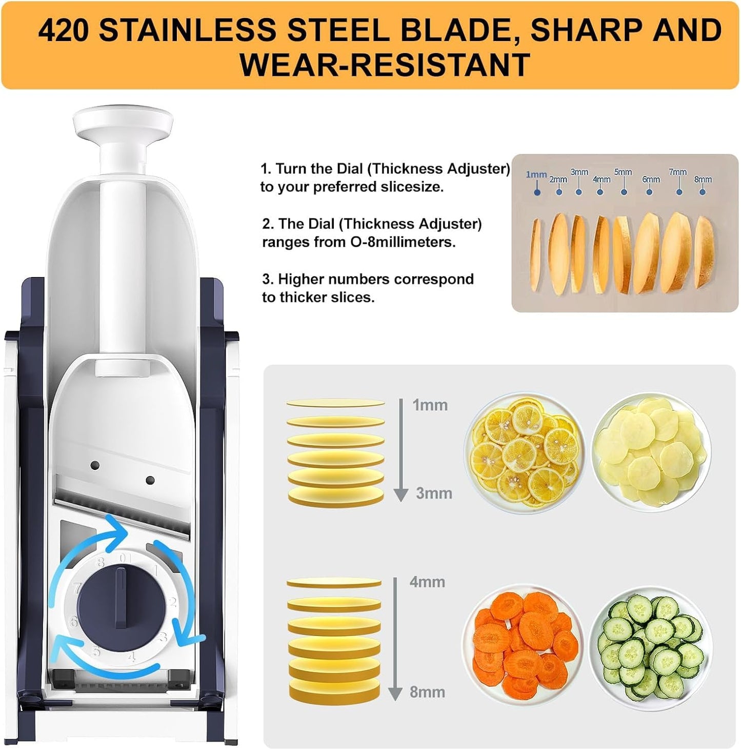 Safe Mandoline Slicer for Kitchen, Meal Prep, Potato Slicer, Adjustable/Easy to Clean/Storage, Kitchen Chopping Artifact, French Fry Cutter,Paring Knife/Cleaning Brush (only Slice, DarkBlue)
