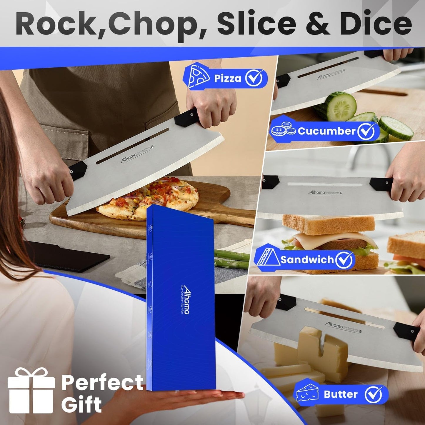 16 Inch Pizza Cutter Rocker Blade, Sharp Pizza Rocker Knife 420J1 Japanese Stainless Steel, Dishwasher Safe Pizza Cutter Slicer with Protective Cover, Multipurpose for Pizza, Cheese, Cake