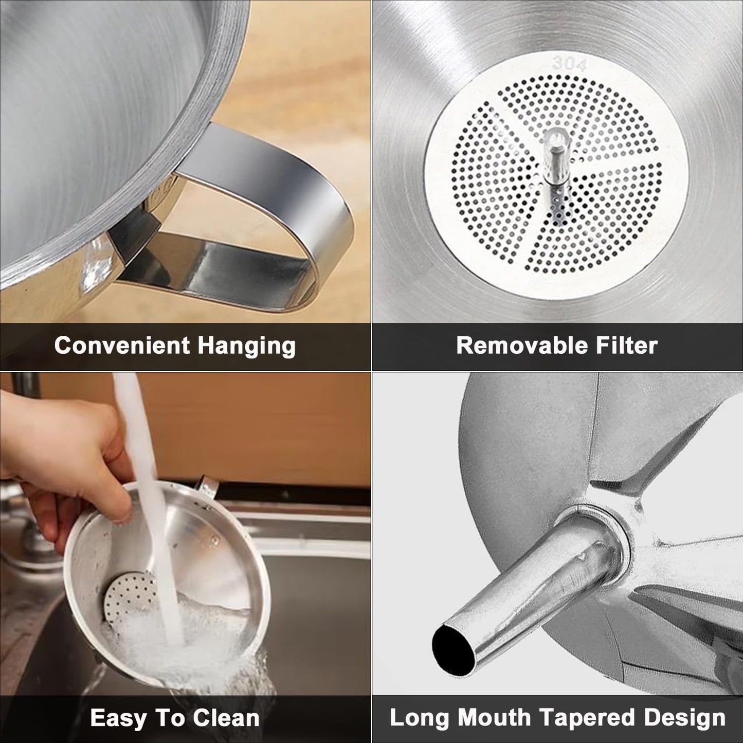 Stainless Steel Funnels for Kitchen use,3PCS Large Kitchen Metal Funnel with 2 Removable Strainer,Cleaning Brush,200 Mesh Food Filter,Funnel for Filling Bottles,for Transferring of Liquid,Oils,Jam