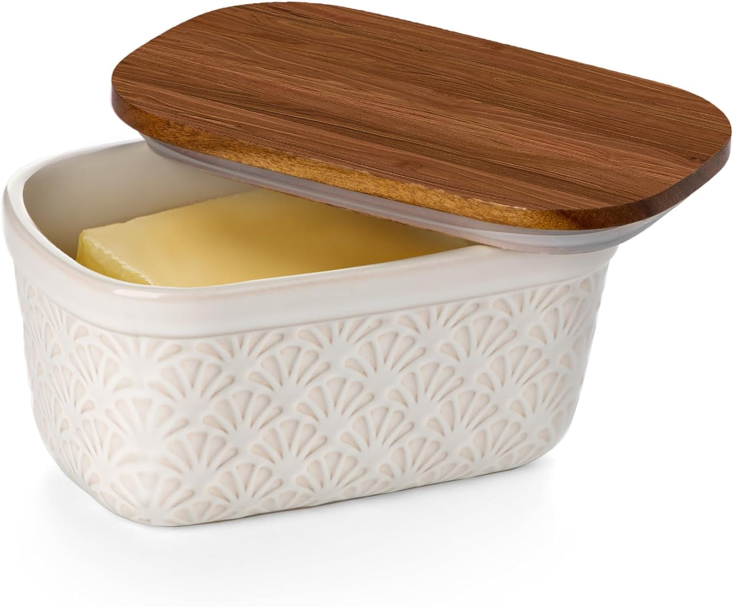 Nucookery Ceramic Butter Dish, Embossed Butter Keeper with Wood Lid for Countertop, Butter Holder and Container with Double Silicone Seal (Fan Pattern)
