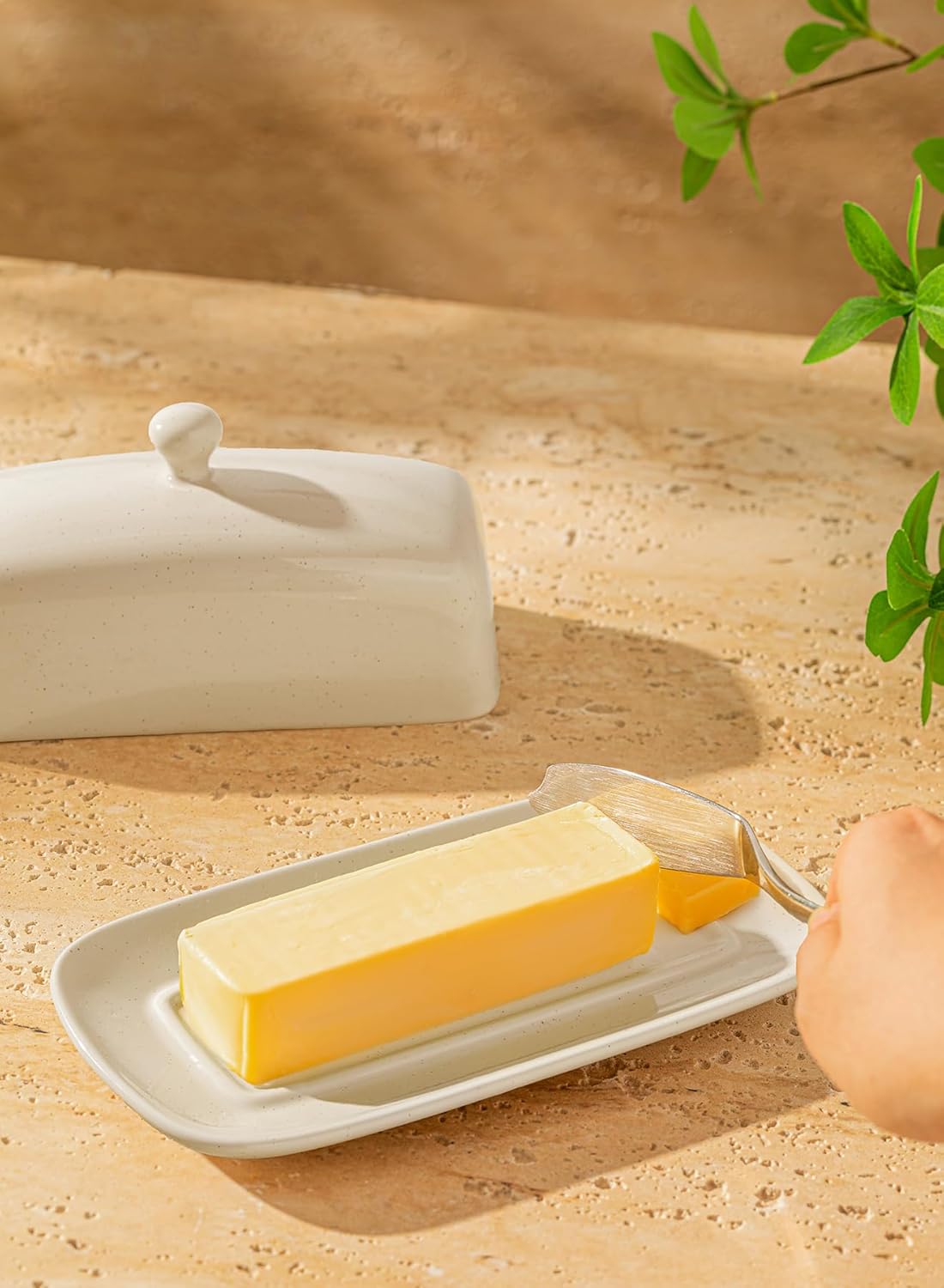 Sweese Butter Dish with Lid, Porcelain Butter Keeper, 7.8 Inch Butter Holder with Handle Cover, Butter Container Perfect for East West Coast Butter, Light Gray