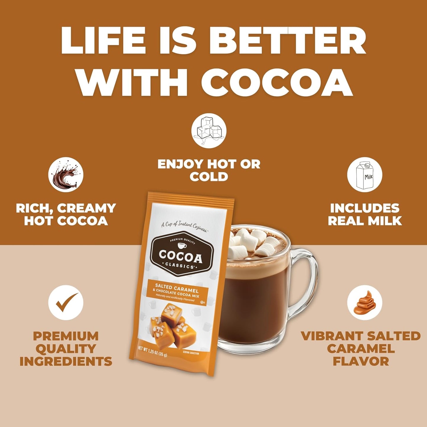 Cocoa Classics Salted Caramel Cocoa Mix, Hot Chocolate, Made with Nonfat Milk, Just Add Hot Water, Make Hot or Iced Cocoa, Gluten Free & Kosher Dairy Friendly, 1.25oz Packets (Pack of 36)