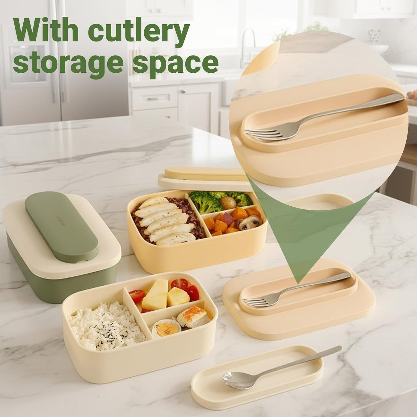 Silicone Bento Box Lunch Box for Adults, Lunch Food Container with 3 Compartment, BPA-Free and Leakproof, Microwave & Dishwasher Safe (Beige)