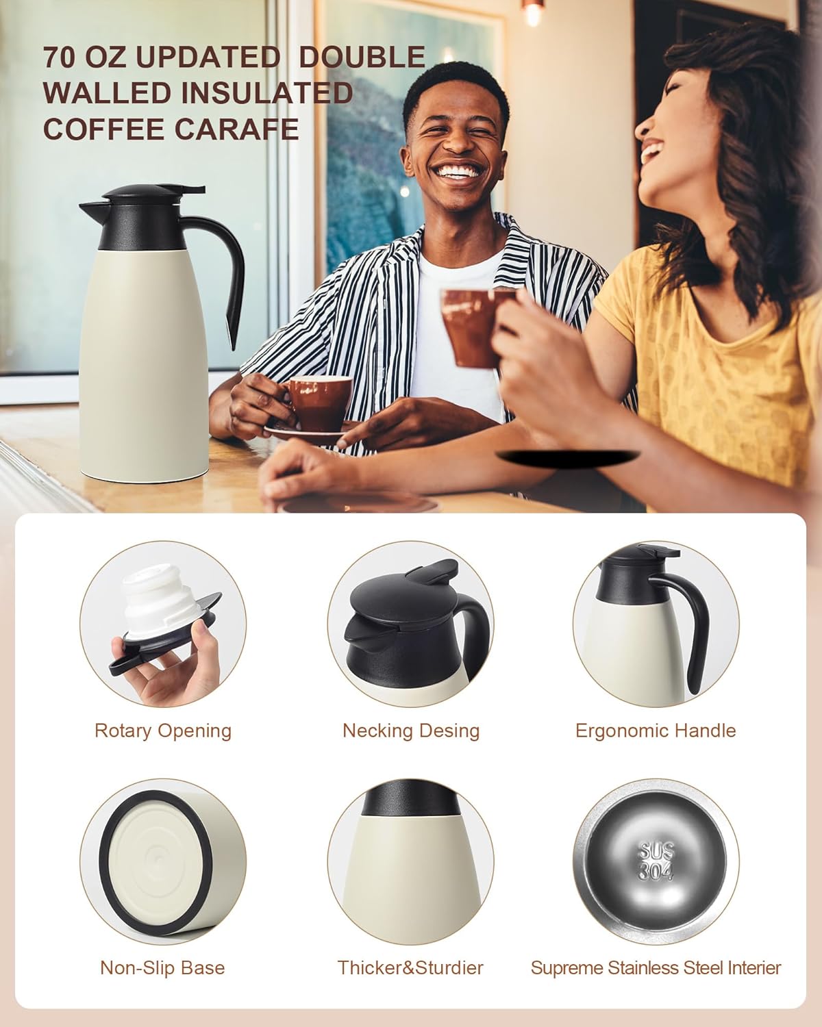 70 Oz Stainless Steel Coffee Carafe, Keeps Hot Beverages for 12 Hours, Double Walled Vacuum Insulated Carafe (White)