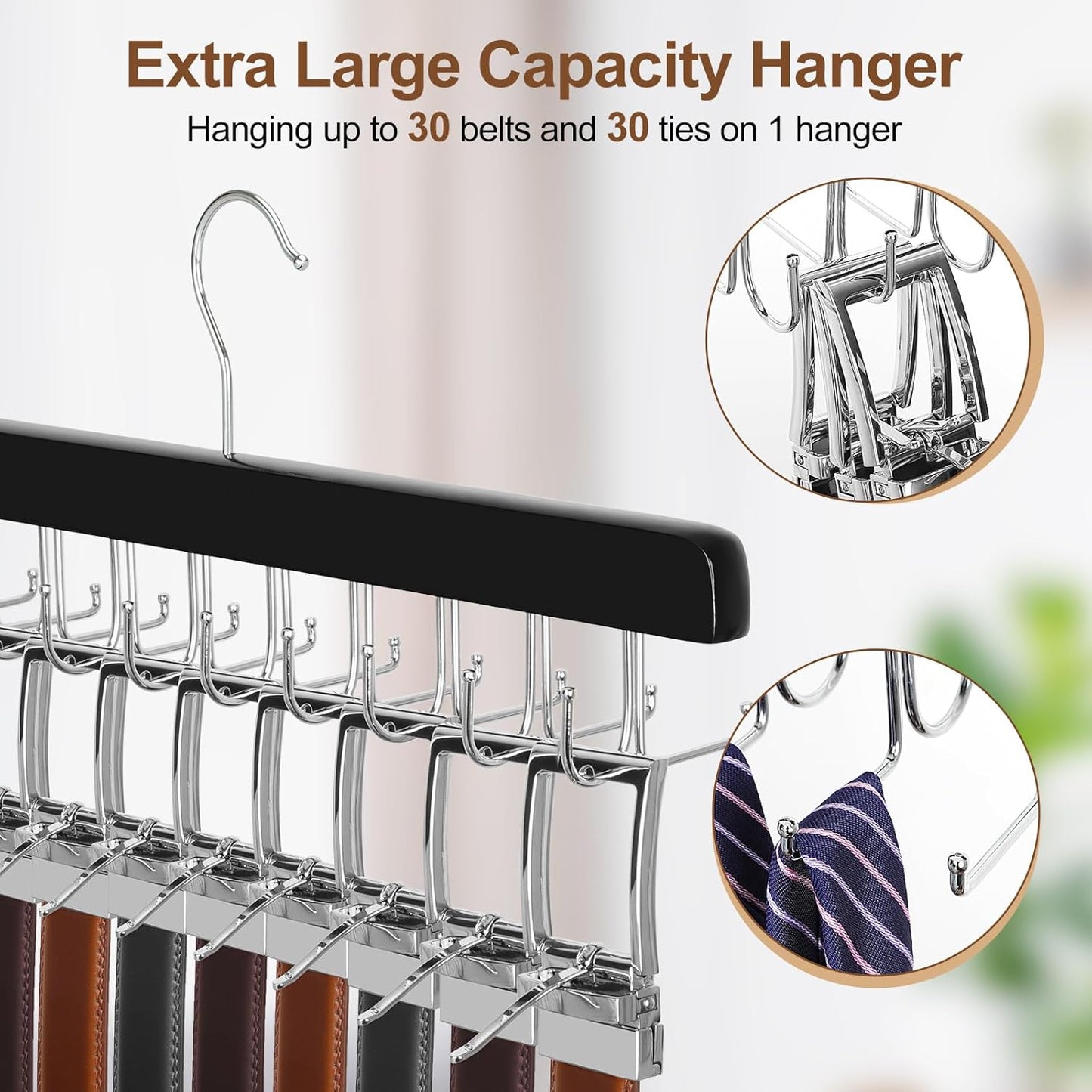 TOPIA HANGER 2 Pack 2 in 1 Belt Tie Hanger for Closet Max 60 Belts with 60 Ties Capacity, 40 Hooks Belt Tie Racks Wooden Hanger for Closet Organizer Storage “U” Fit Belt and “一” Fit Tie - CT52B