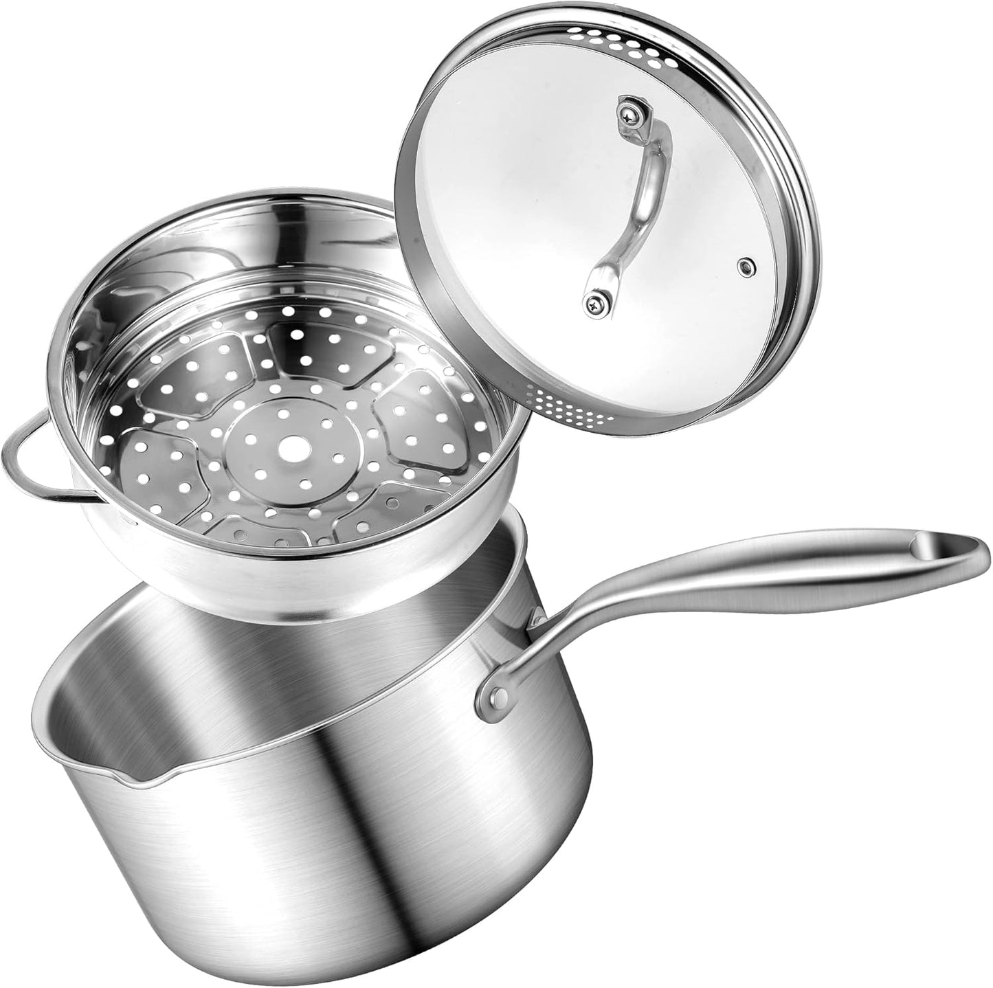 2.5 Quart Stainless Steel Saucepan with Steamer Basket, Tri-ply Full Body, Multipurpose Sauce Pot with Two-Size Drainage Holes Lid, Perfect For Boiling Gravies, Pasta, Noodles