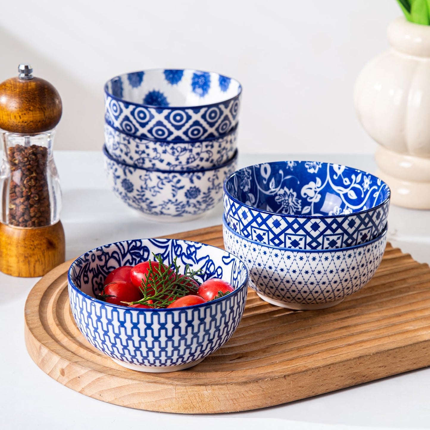 Ceramic Dessert Bowls Set - 11 Oz Small Ice Cream Bowl for kitchen - 4.7 Inch Porcelain Cereal Bowl for Fruits, Salad, Side Dishes, Ramen - Microwave Dishwasher Safe - Set of 6 - Vintage Blue