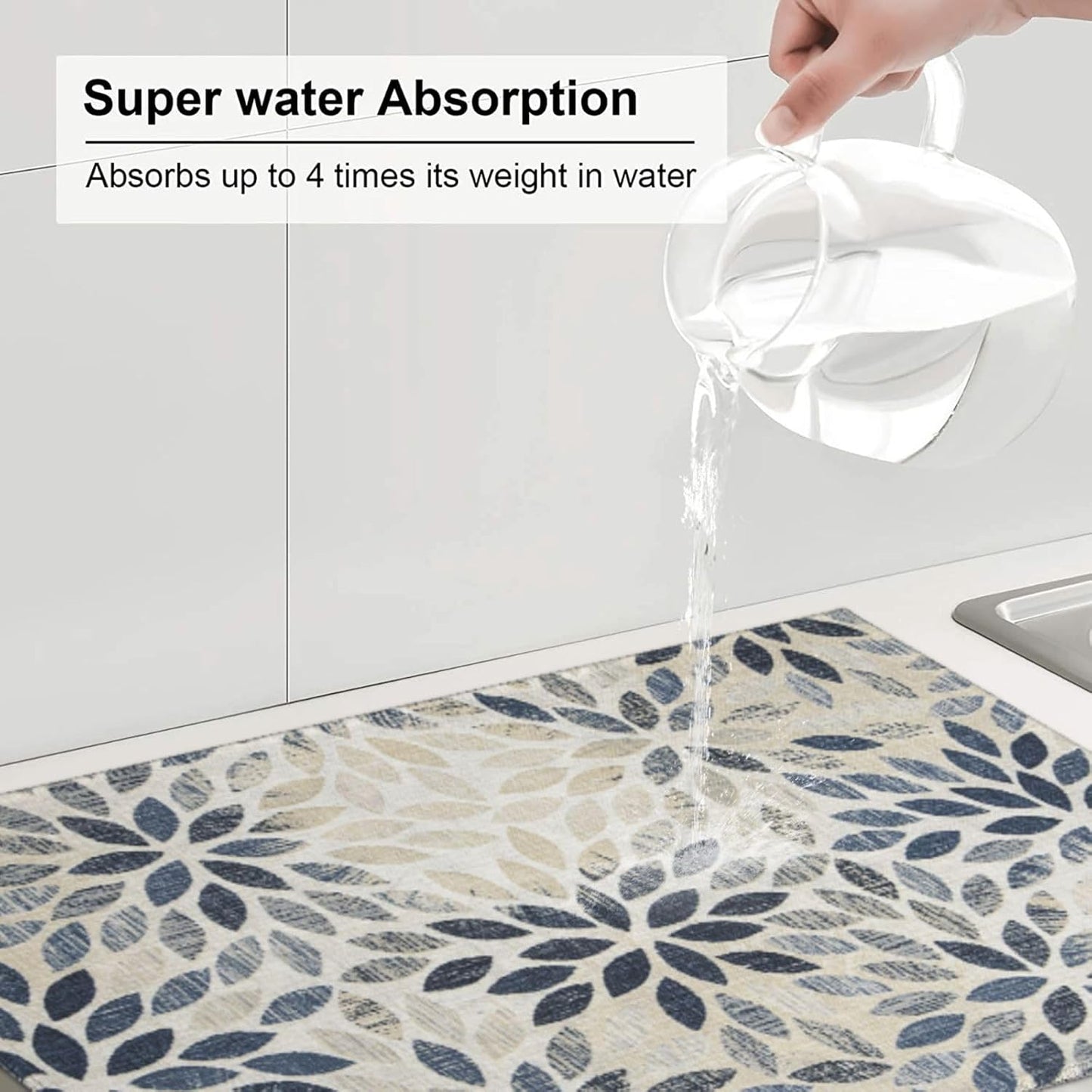 Dahlia Dish Drying Mat 18x24 for Kitchen Counter, Blue Floral Decorative Absorbent Coffee Mat Dish Drying Pad Coffee Bar Dish Drainer Rack Mat Drainer Mat