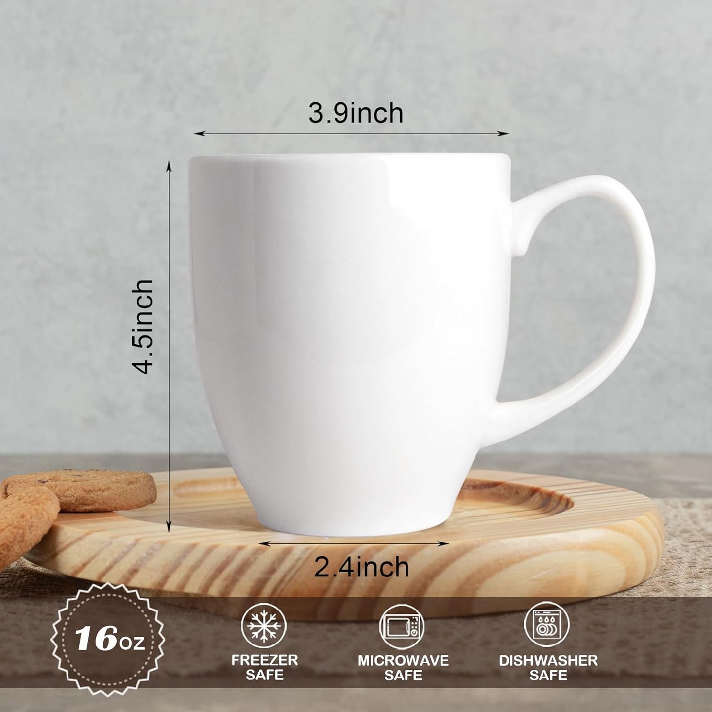 Set of 2 Durable 16 oz Coffee Cups, Large White Coffee Mugs with Ergonomic Handle, Ceramic Mugs Dishwasher & Microwave Safe, Ideal Tea Mugs for Home, Office, Gifts (Coffee, Tea, Hot Cocoa, Latte Cup)