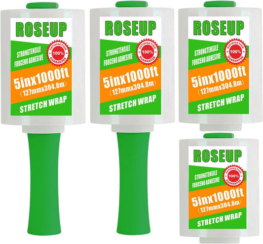 ROSEUP Clear Stretch Wrap Film 5" x 1000ft Roll with Handle, 80 Gauge Thick Cling Plastic Wrap for Moving, Pallet Wrap, Self Adhering Packaging Heavy Duty Shrink Film, 4 Pack