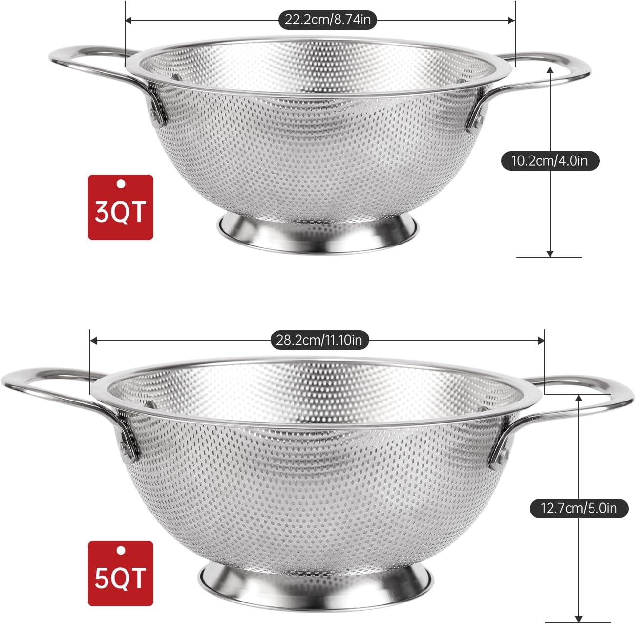 Premium Stainless Steel Colander for Kitchen, Food Strainer Basket with Handle and Solid Ring Base for Fruits Vegetables Rice and Pasta, Dishwasher Safe (3QT+5QT)
