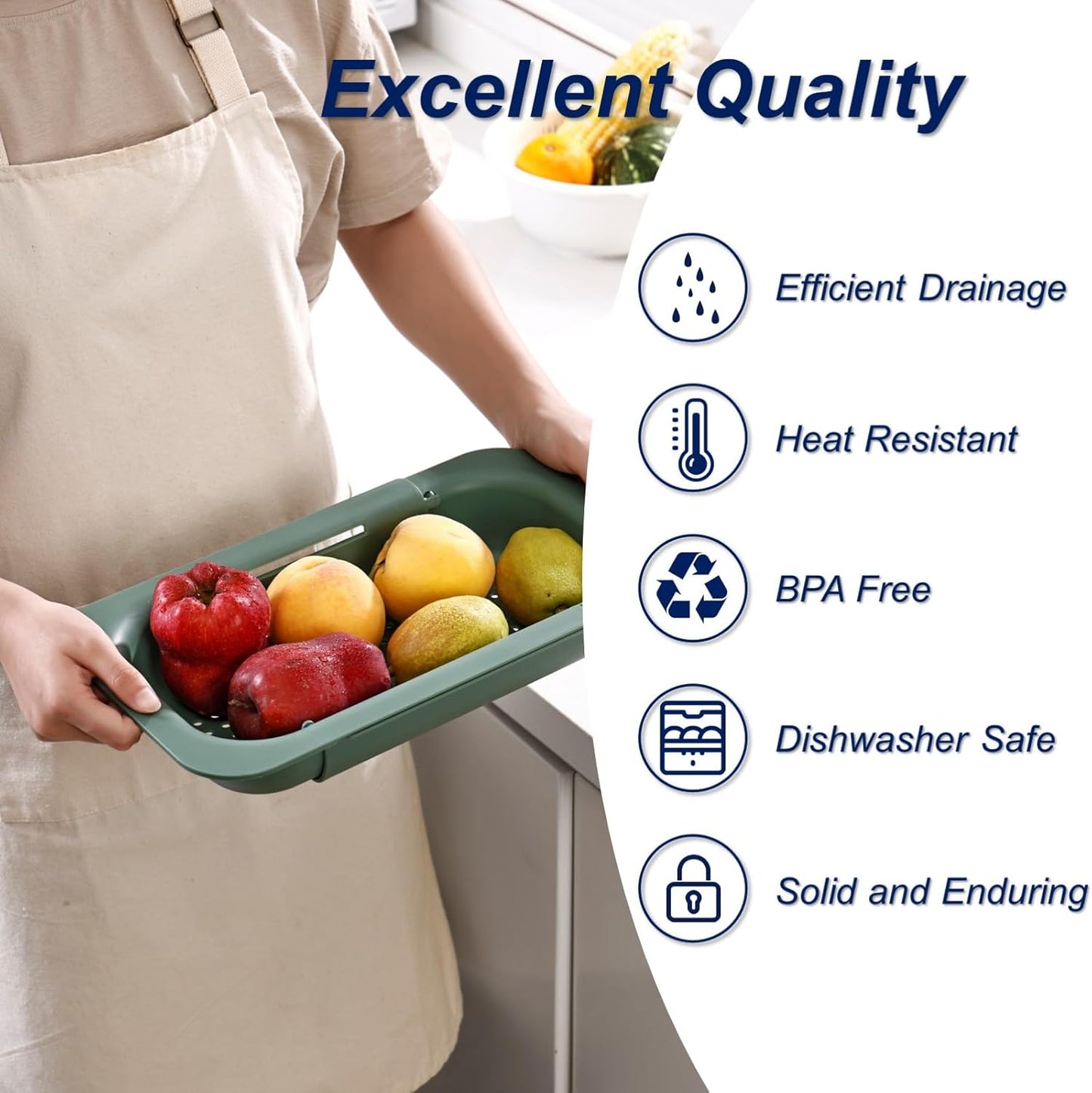 Extendable Sink Colander Strainer Basket - Wash Vegetables and Fruits, Drain Cooked Pasta and Dry Dishes - Adjustable Over the Sink Colander Collapsible Drainer Basket - Green