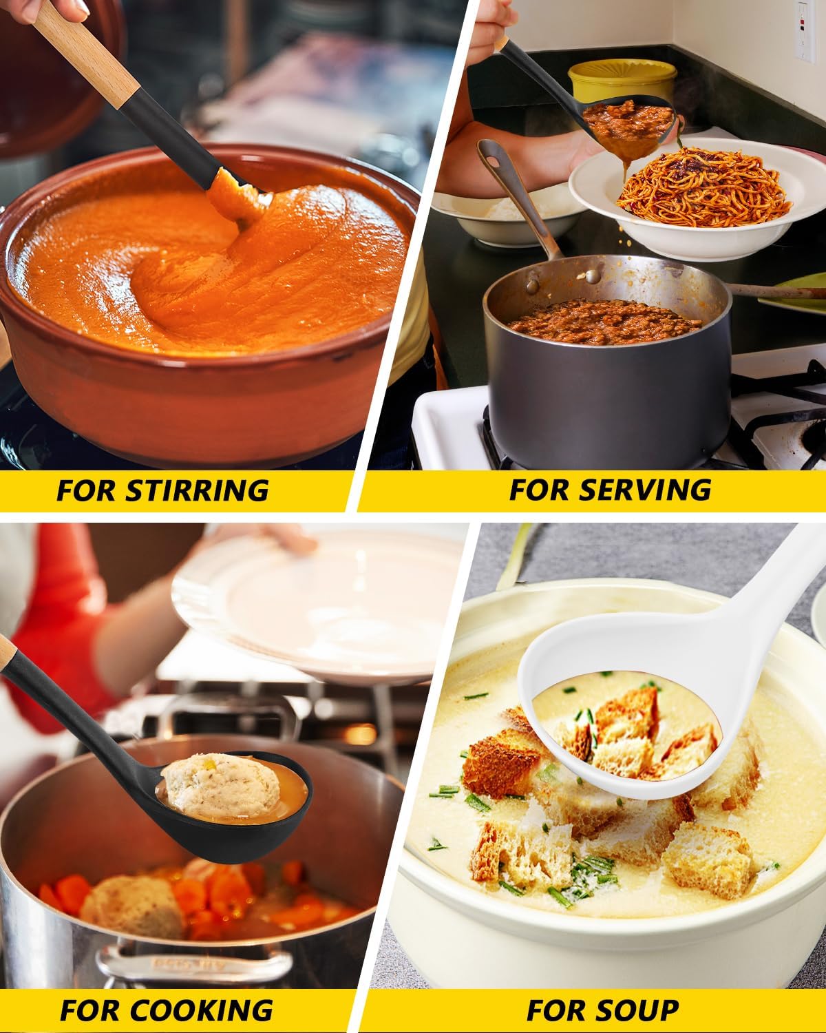 Pack of 2 Soup Ladle, Silicone Ladle Spoon with Wooden Handle, Large Non Stick High Heat Resistant Kitchen Utensils for Cooking, Stirring, Serving Soups(BLACK-WHITE)