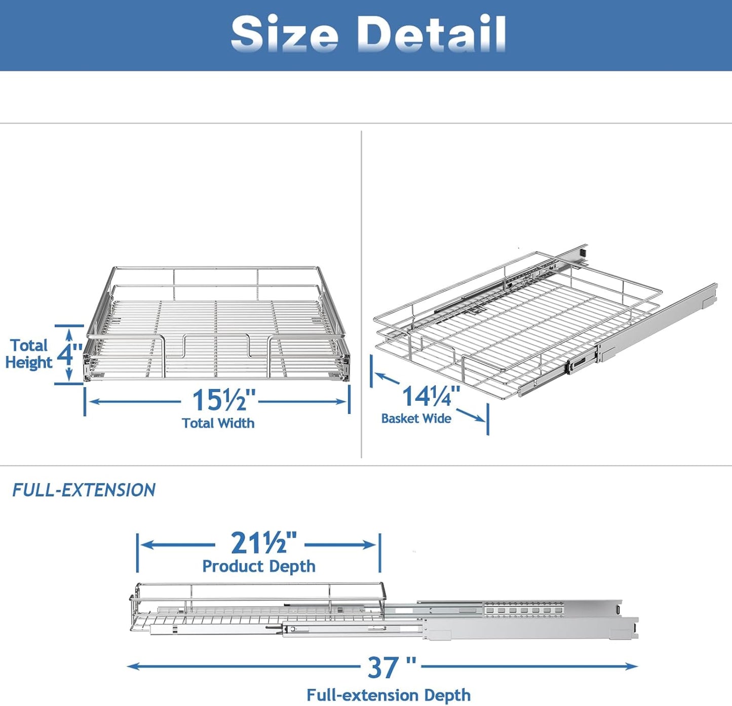 ROOMTEC Pull Out Cabinet Organizer, Cabinet Pull Out Shelves 15½" W x 21½" D, Heavy Duty Cabinet Drawers Slide Out Kitchen Cabinet Organizers Storage Shelf