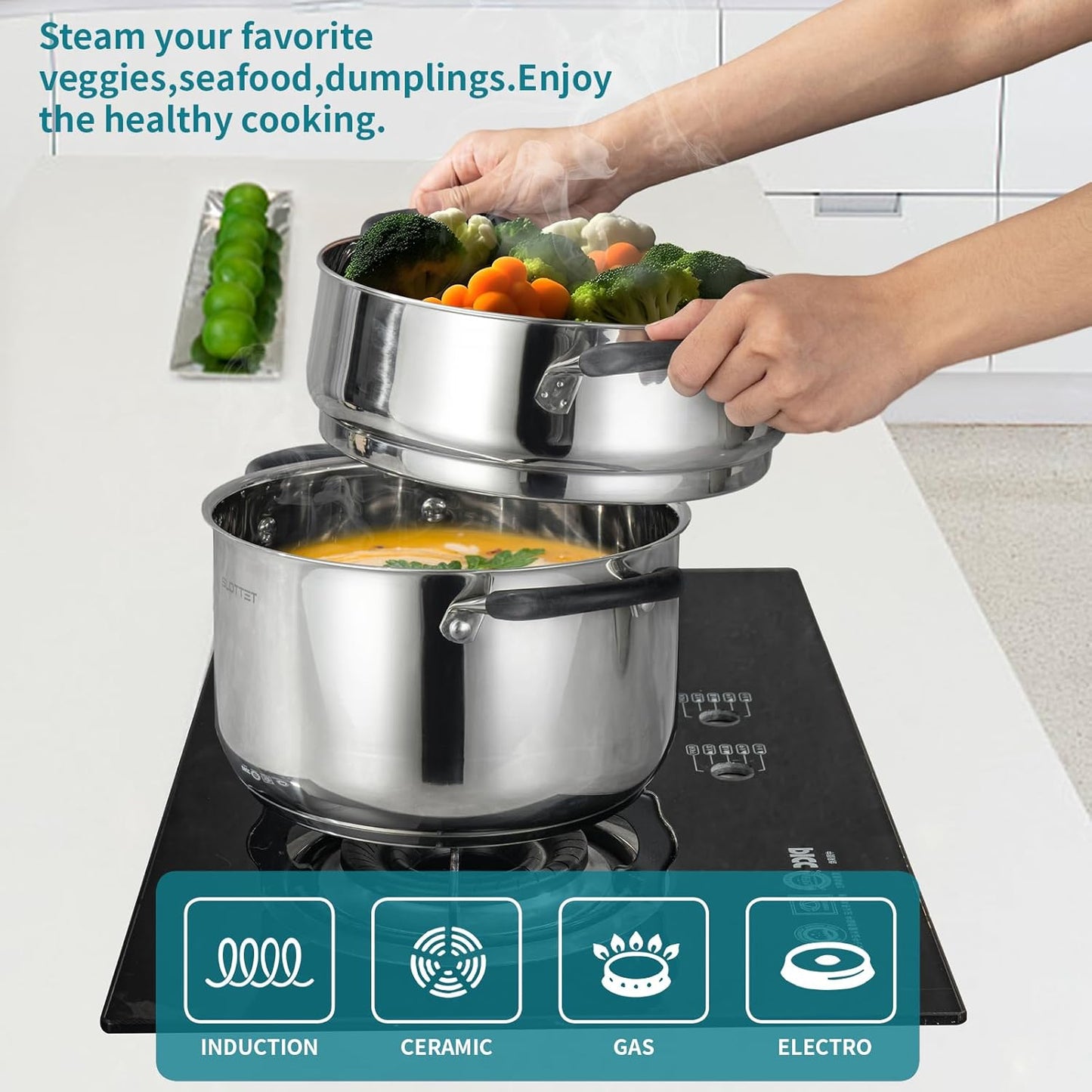 6 Quart Stainless Steel Stock Pot with Steamer,6 Qt Multipurpose Stockpot with Stay-cool silicone Handle and Glass Lid,Soup Pot for Cooking