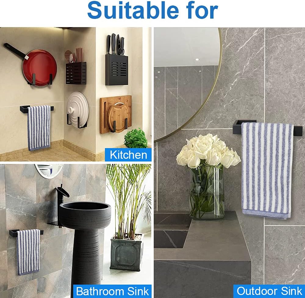 TocTen Hand Towel Holder/Towel Ring - Thicken SUS304 Stainless Steel Bathroom Hand Towel Hanger, 9 Inch Heavy Duty Wall Mounted Towel Rack, Square Hand Towel Bar for Bathroom Hardware (Black, 9 in)