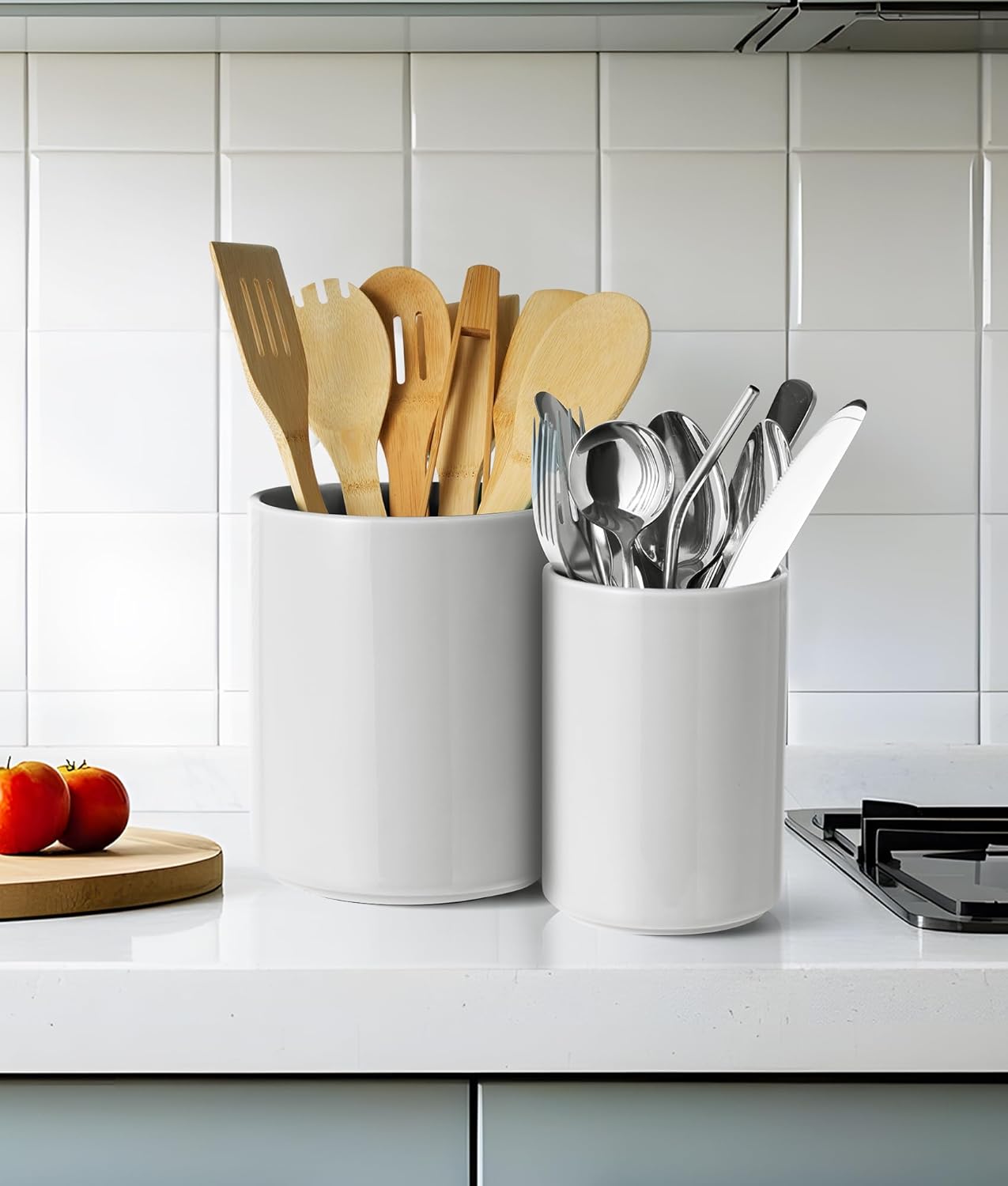 Set of 2 Utensil Holder, 7"+5" Ceramic Kitchen Utensil Holder for Countertop, Large Cooking Utensil Crocks for Counter, Morden Utensil Organizer for Spatula, Kitchen Decor (Grey)