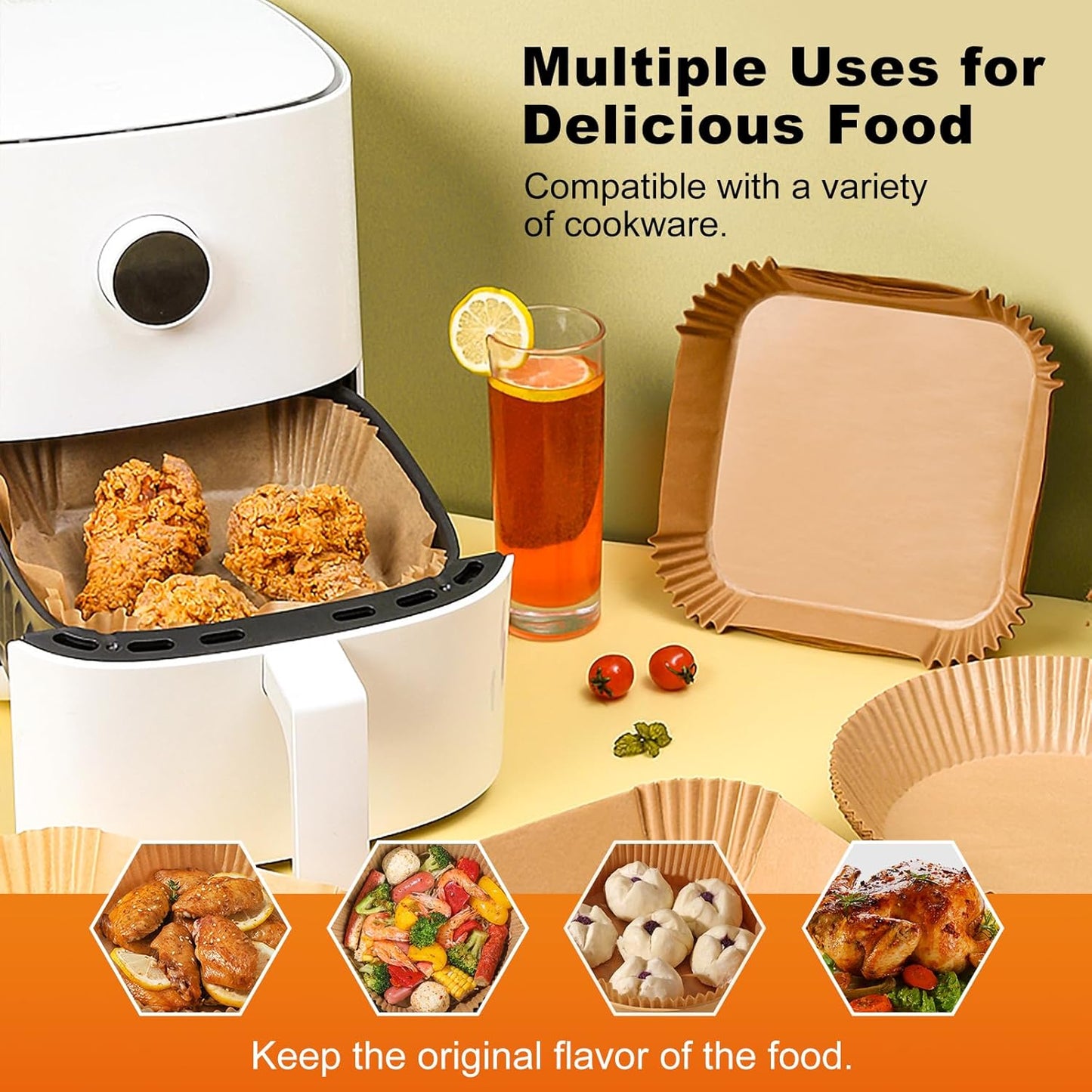 Ctizne Air Fryer Liners Disposable: 200PCS 8 Inch Square Parchment Paper Liner, Non-stick Oilproof Baking Paper Sheets for 5-8 QT Airfryer Basket