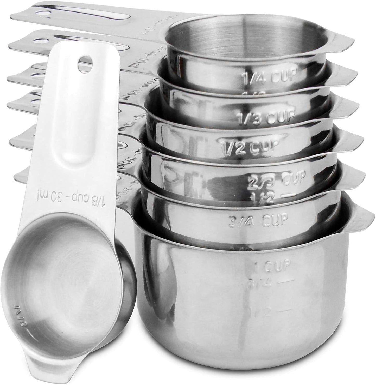 Set of 7 Heavy Duty Measuring Cups, 18/8 Stainless Steel with Ring Connector, Silver