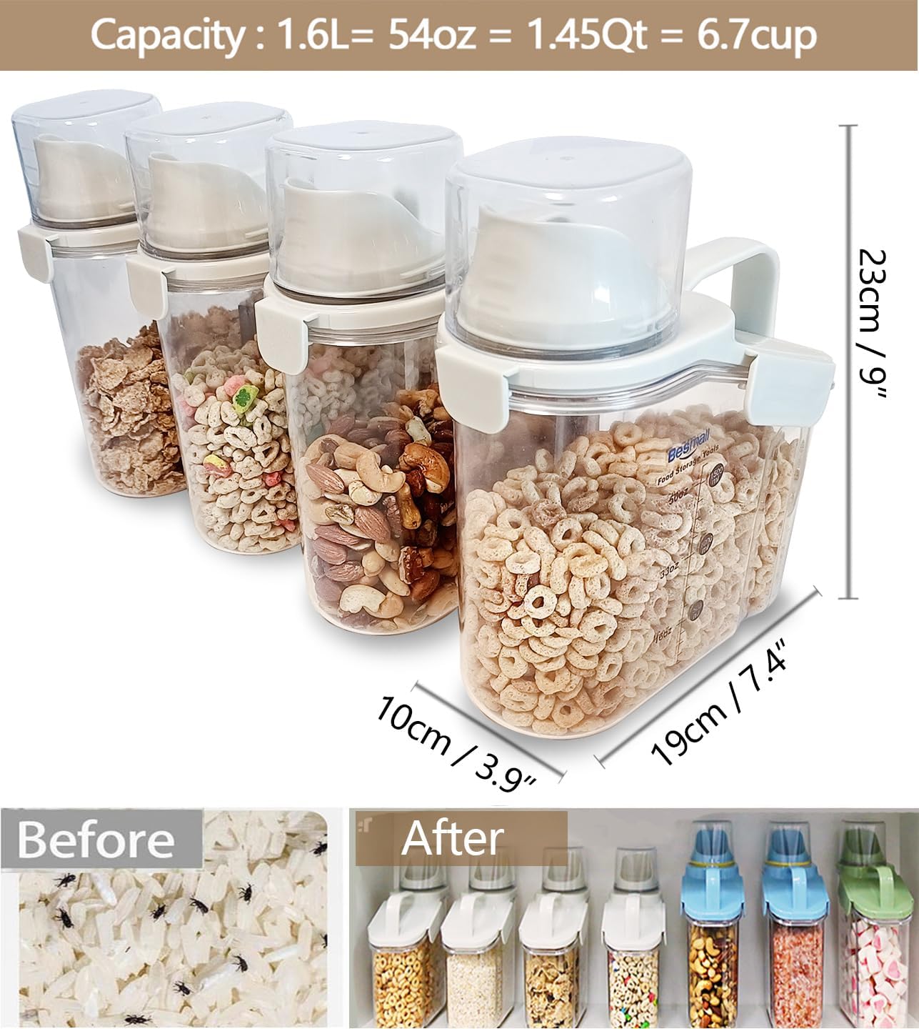 Small Cereal Containers Storage with Pour Spout and Measuring Cup Food Storage Containers Airtight Plastic Dry Food Dispenser for Flour, Grain, Rice, White, 1.6L / 54oz (4pcs)