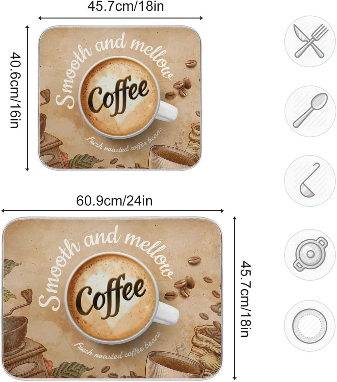 senya Super Absorbent Dish Drying Mat, Microfiber Fast-Drying 24'' x 18'', Kitchen Pad, Coffee Cup Retro Brown